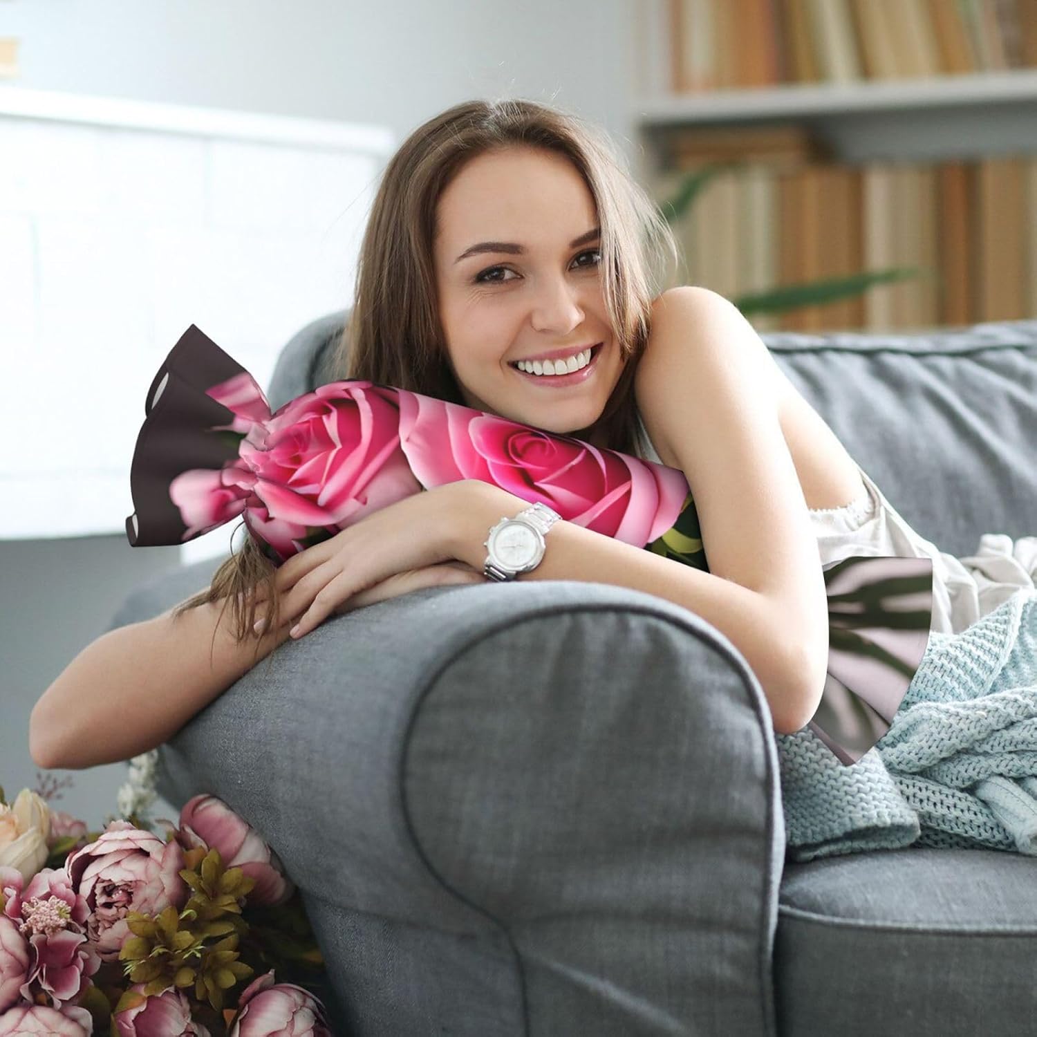 Pink Roses Print Candy Cylindrical Comfortable Pillow Throw Pillows Home Decor Easy Maintenance