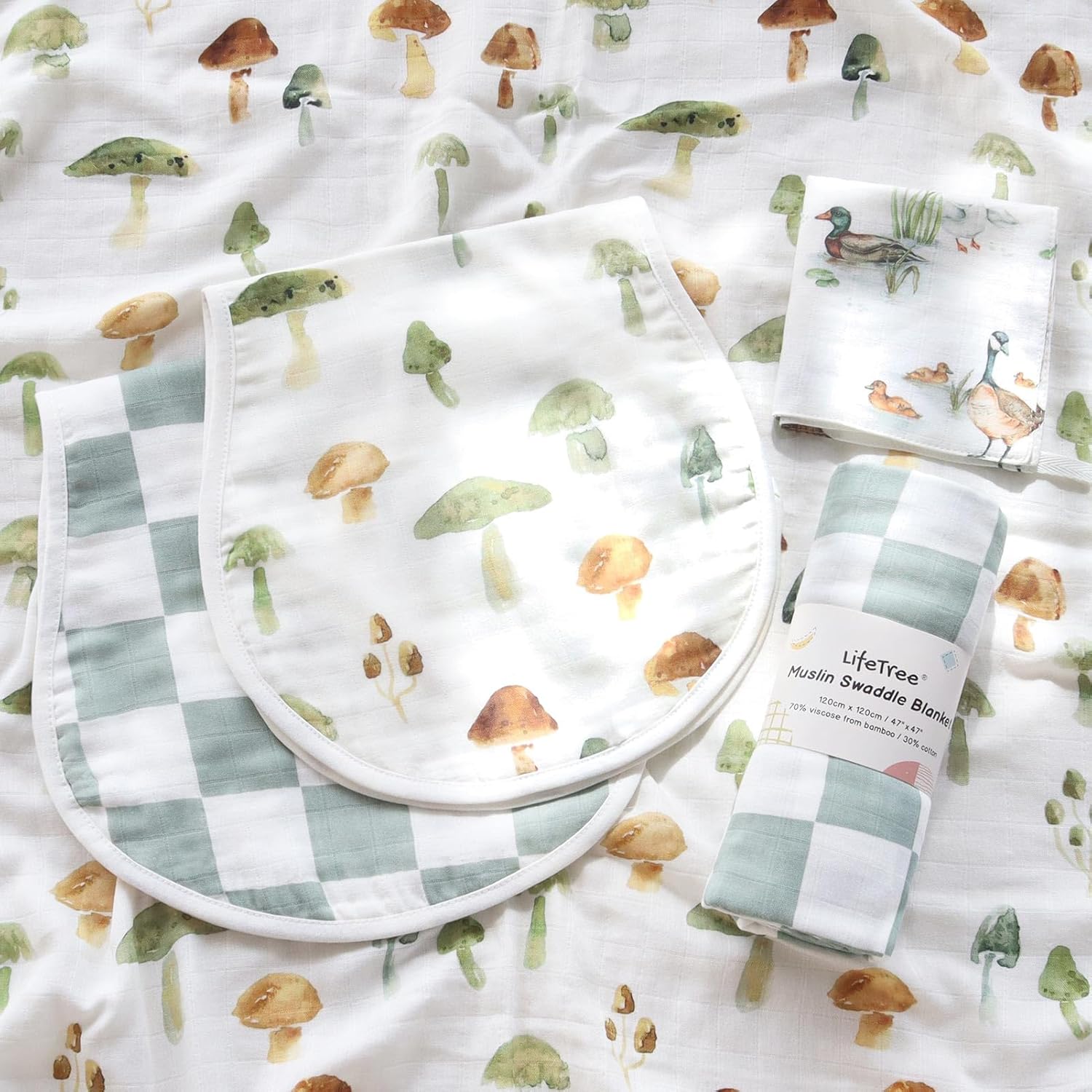 LifeTree Baby Swaddle Blankets and Burp Cloths 2 Pack, Muslin Swaddling Wrap Receiving Blanket for Newborn, 70% Viscose from Bamboo and 30% Cotton, Large 47" x 47", Mushroom & Green Checkered