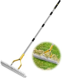 Thatch Rake, 15 Inch Lawn Thatching Rakes for Cleaning Dead Grass, Efficient Metal Steel Lawn Dethatcher with Sponge Handle, Lawn loosening Soil Grass Rake (Silver)