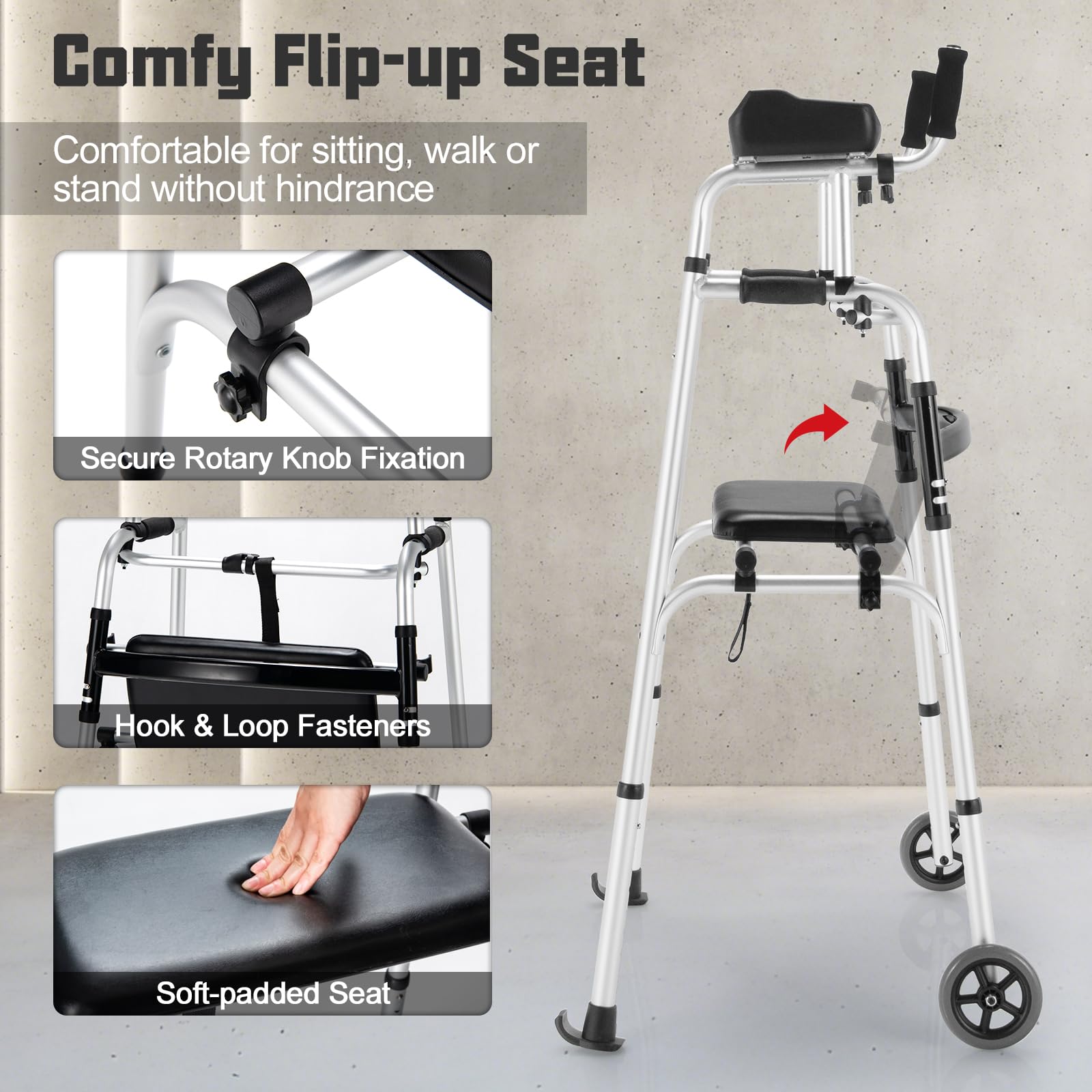 Toolsempire Folding Walkers for Seniors, Upright Walker with Seat, Removable Arm Support & 5
