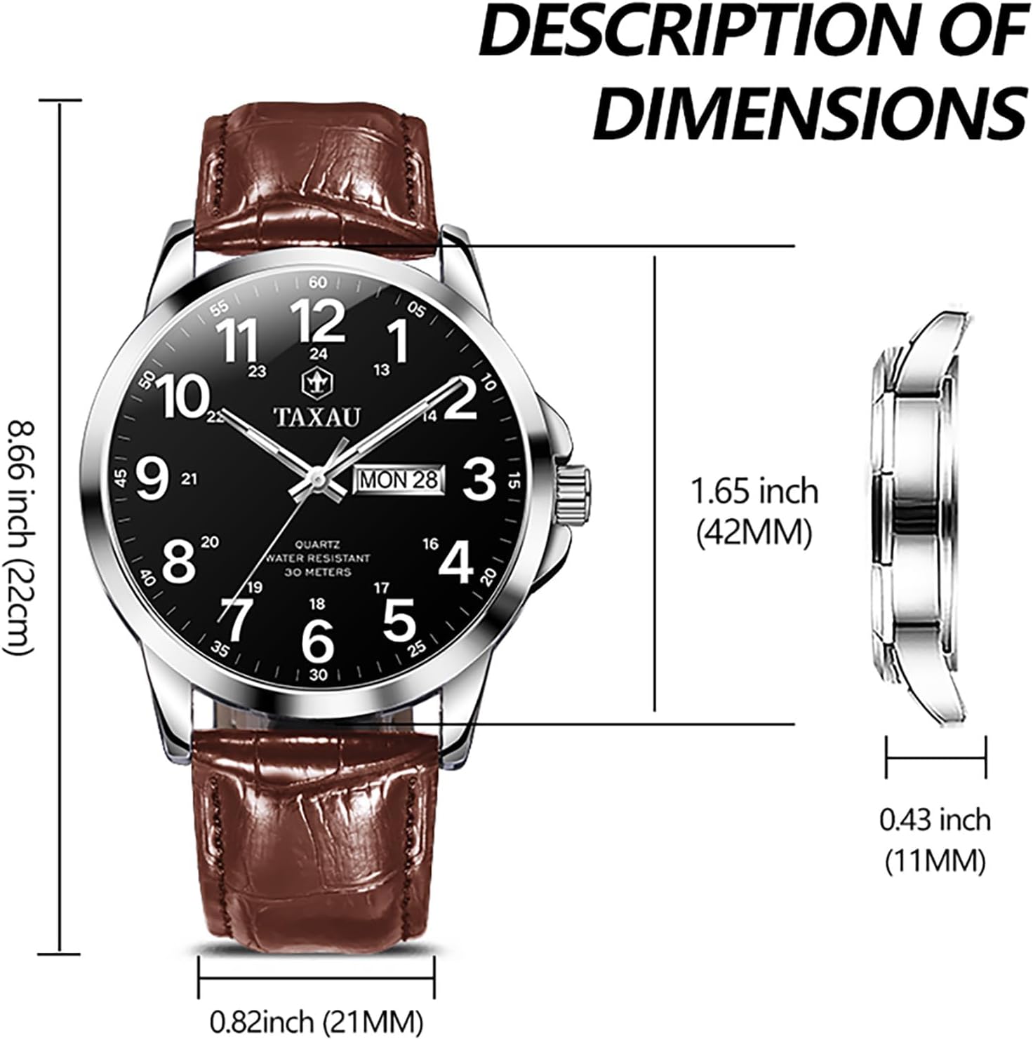 Watches for Men Leather Large Arabic Numerals Mens Watches Waterproof Band with Date Quartz Men's Wrist Watch - Image 9