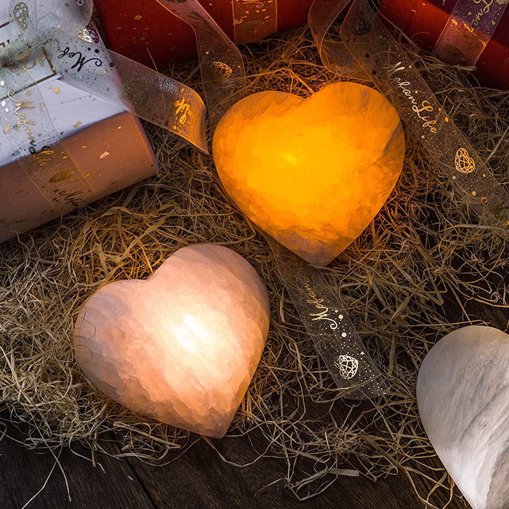 Selenite Lamp Hand Carved Heart Stone Lamp Rechargeable LED Taplight Selenite Crystal with Dimmer (White/Warm/Yellow) Ideal Natural Crystal Light for Valentine's Day Gift (1 Piece, Heart Taplight)