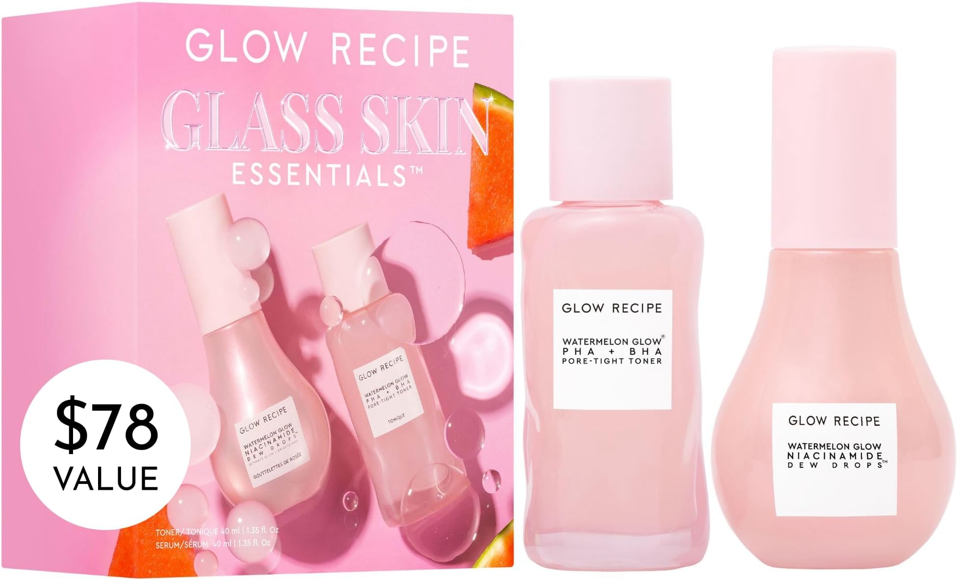 Glow Recipe Glass Skin Essential Korean Skincare Kit - Includes Niacinamide Dew Drops Face Serum & PHA + BHA Face Toner - Travel Size Watermelon-Powered Hydrating Serum & Pore Minimizer (2 Count)