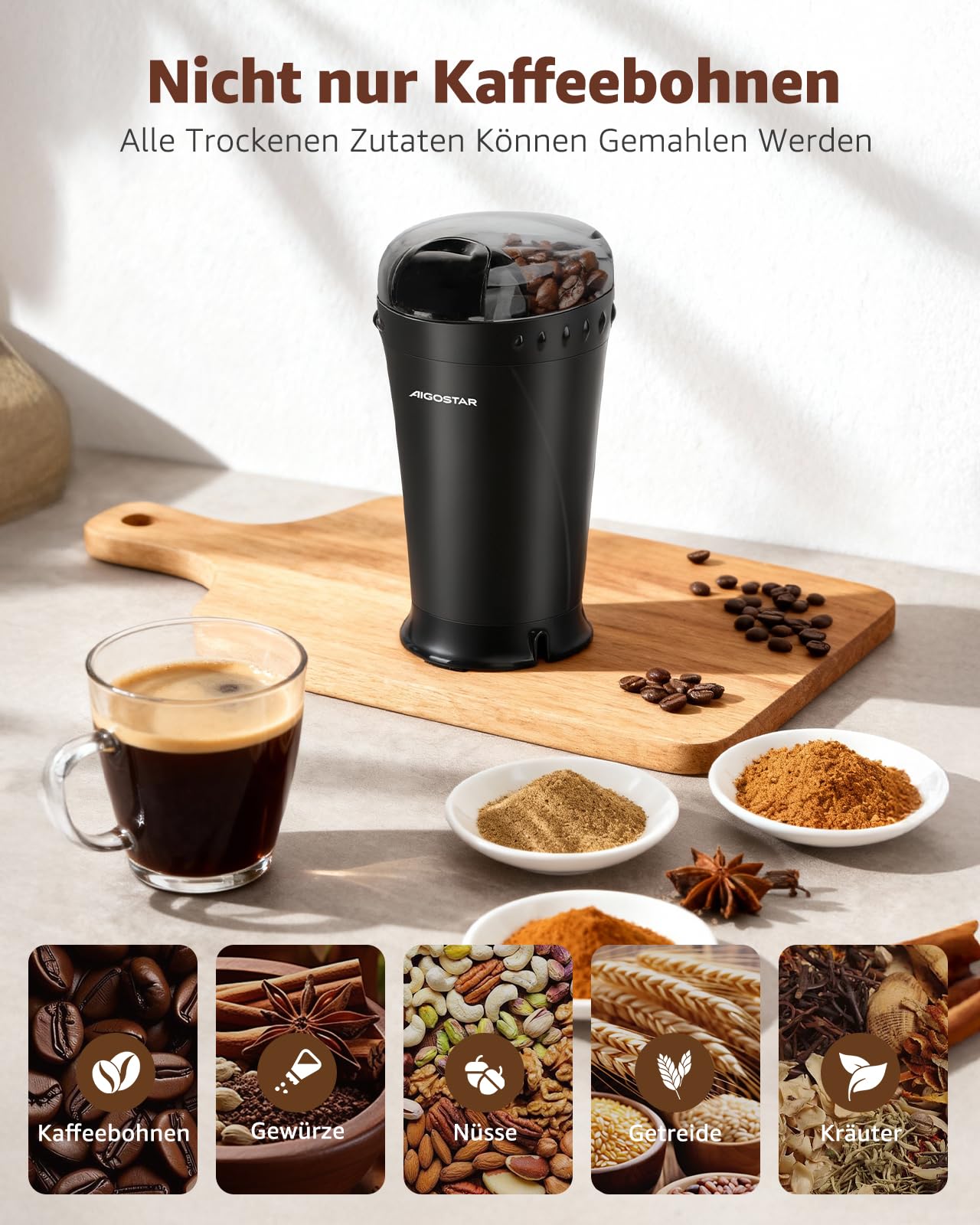 Aigostar kaffeemühle Elektrisch mit Edelstahl Schlagmesser 60g 200W Schwarz - Schnelle & Uniform Gewürzmühle mit Reinigungsbürste, BPA-frei, für Kaffeebohnen, Getreide, Gewürze und Nüsse Mühle