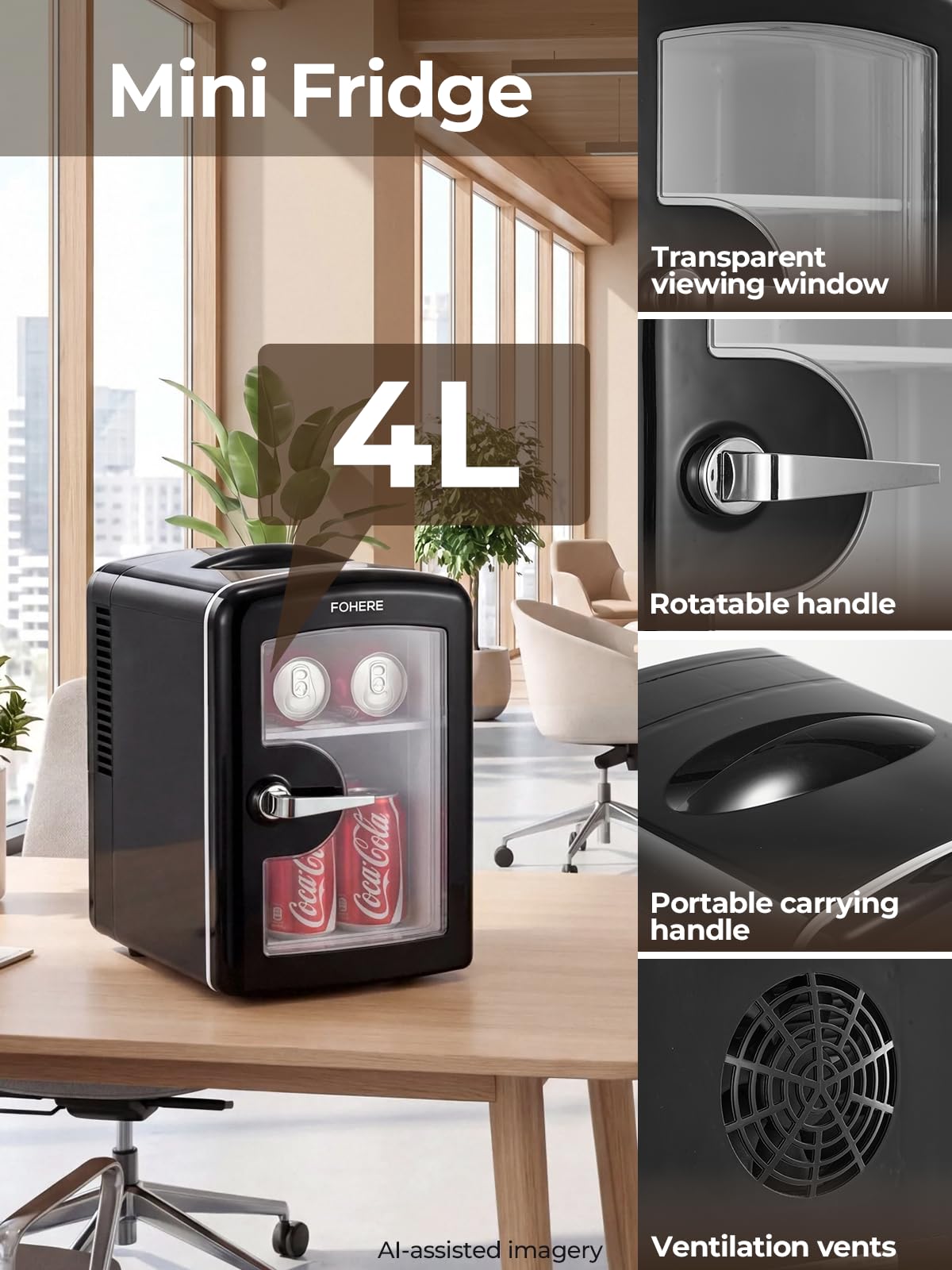 FOHERE Mini frigo da Camera, 4L Frigorifero Piccolo, 220V CA/12V CC, Raffreddamento e Riscaldamento, Nero