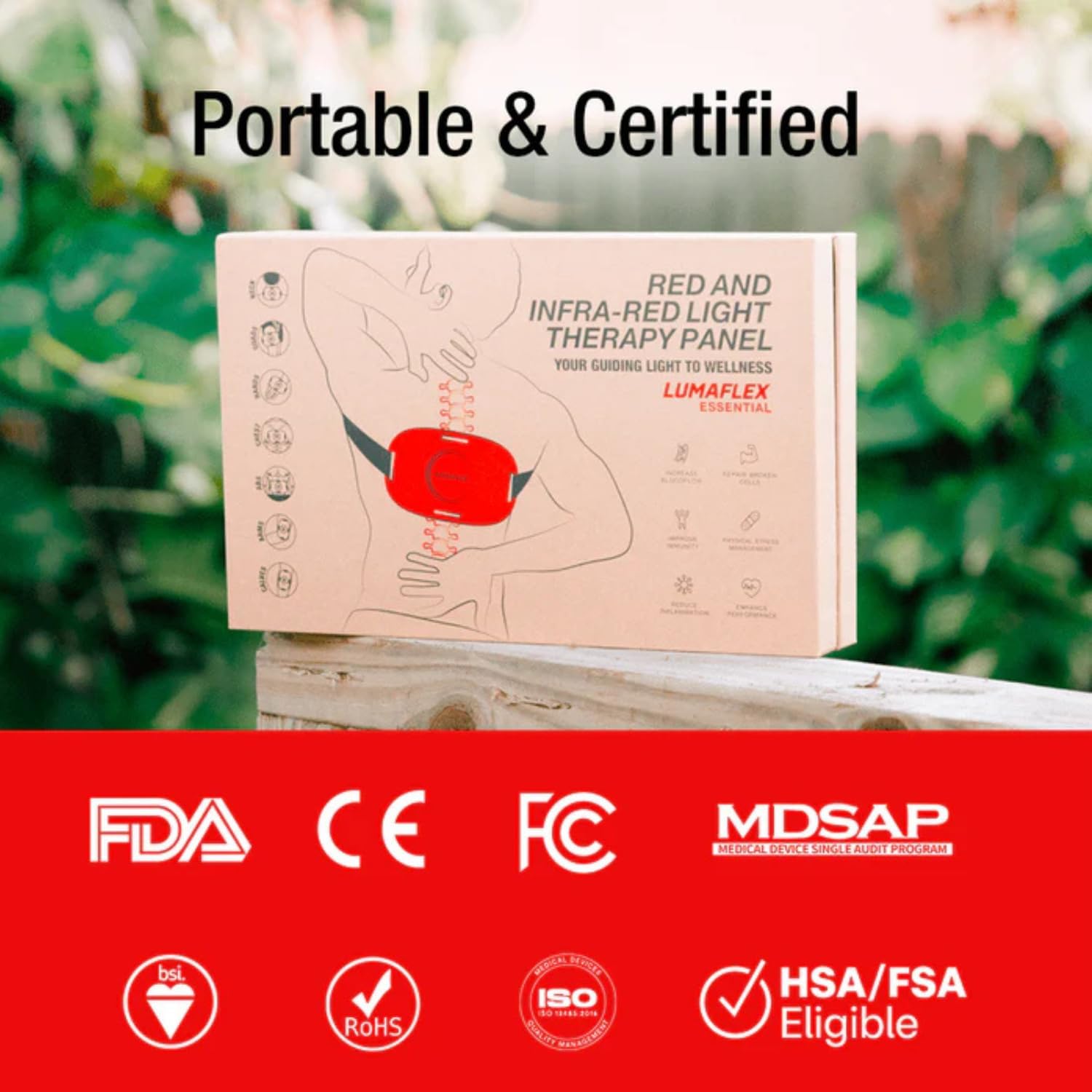 Packaging box for Lumaflex Essential Red and Infra-red Light Therapy Panel, showing certifications.