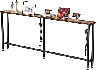 GRLEAF 90" Sofa Table with Built-in Power Strip (4 AC Outlets & 4 USB Ports) – 4.9ft Power Cord, Metal Frame, Easy Assembly, Long Couch Table Behind Sofa, Living Room and Home Office | Rustic Brown