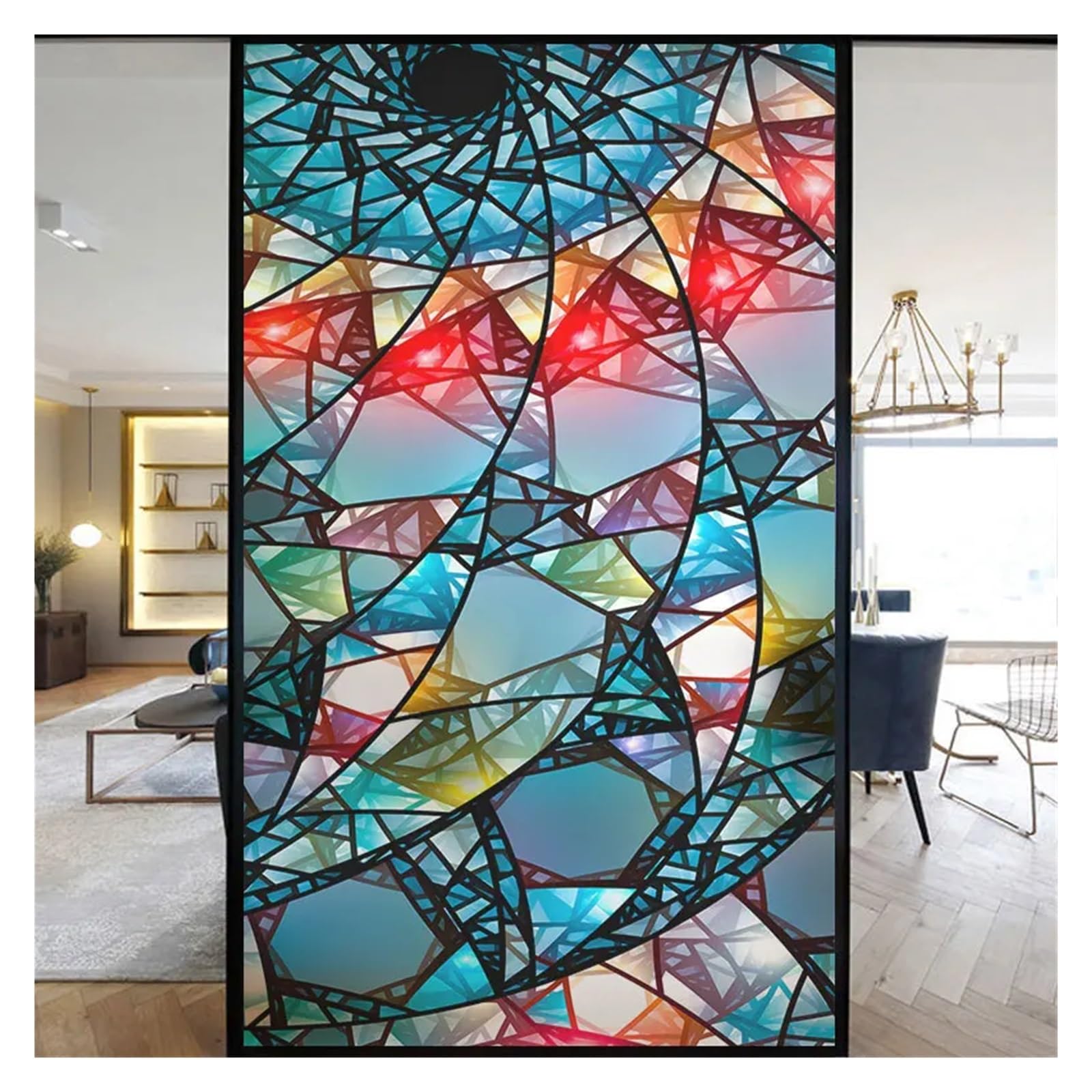 Window Film Colorful Stained Frosted Glass Film Modern Art Geometry Pattern Window Stickers Opaque Self-adhesive Home Decor Privacy(V,40x120cm)