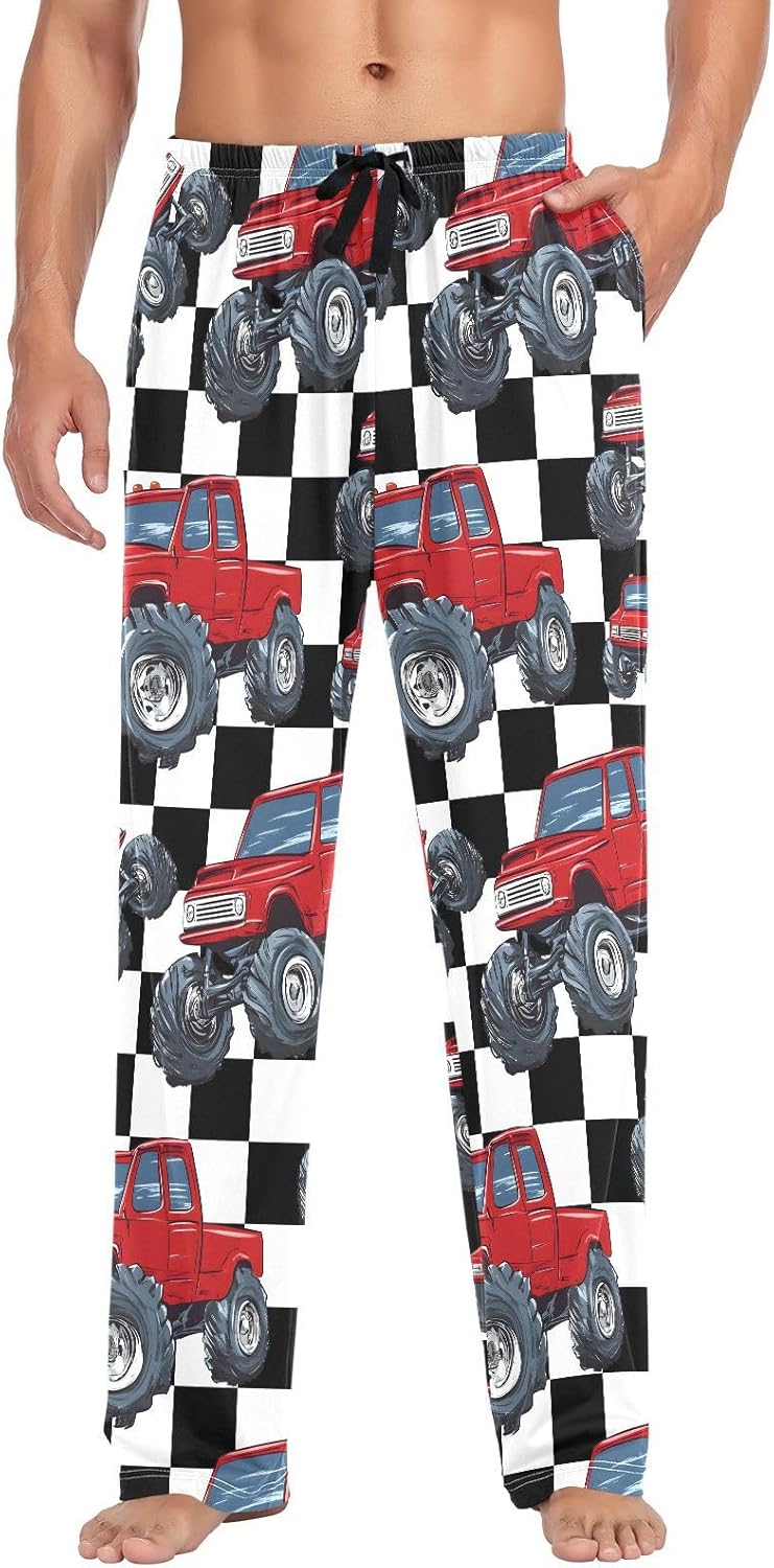 ALAZA Red Monster Truck Race Checkered Men's Pajama Pants Men Cotton Pajama Bottoms with Pockets, S