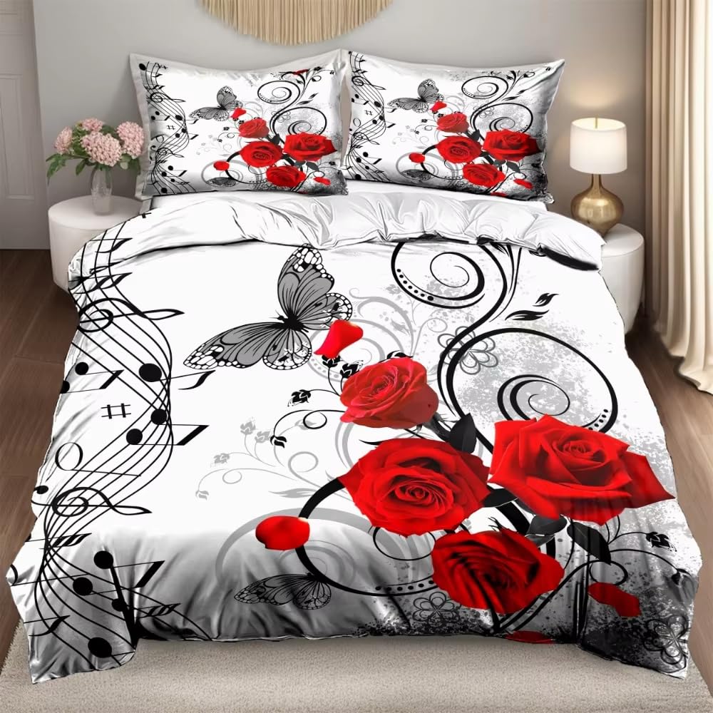 Housse de couette musicale et roses rouges pour chambre cocooning