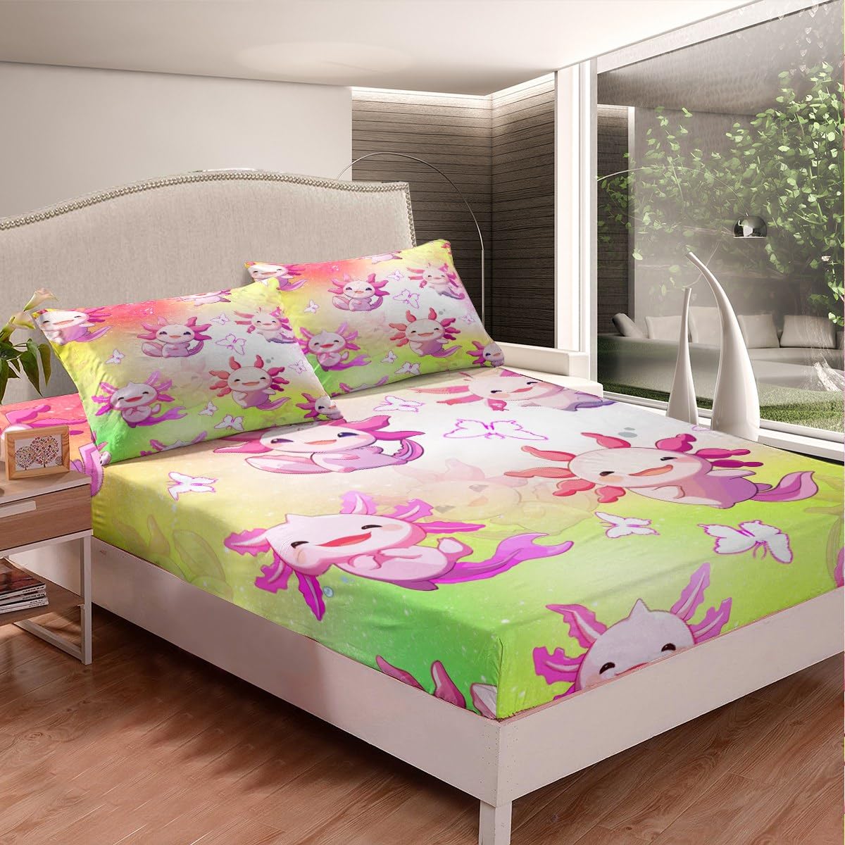 Cute Axolotl Fitted Sheet Twin Size 2 Pcs,Gradient Yellow Green Orange Tie Dye Print Bedding Sets for Kids Boys Girls Teens,Cartoon Animals Dreamy Butterfly Bed Cover with 1 Pillowcase(No Flat Sheet)