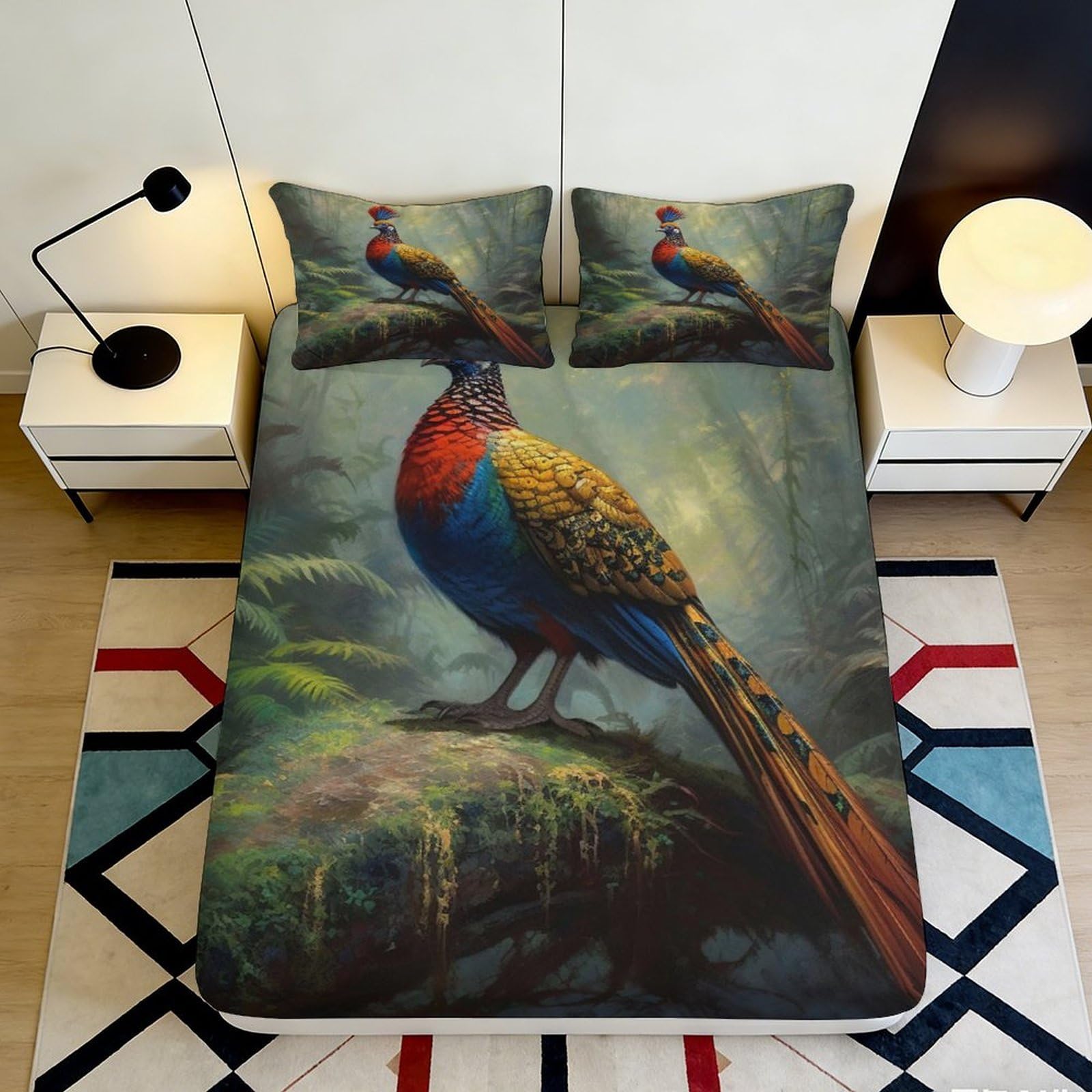 3D Printed Colorful Pheasant Fitted Sheet Microfiber Soft Durable Forest Pattern Bed Cover for Bedroom Dormitory Guest Room Mattress Protection 120x200x25cm