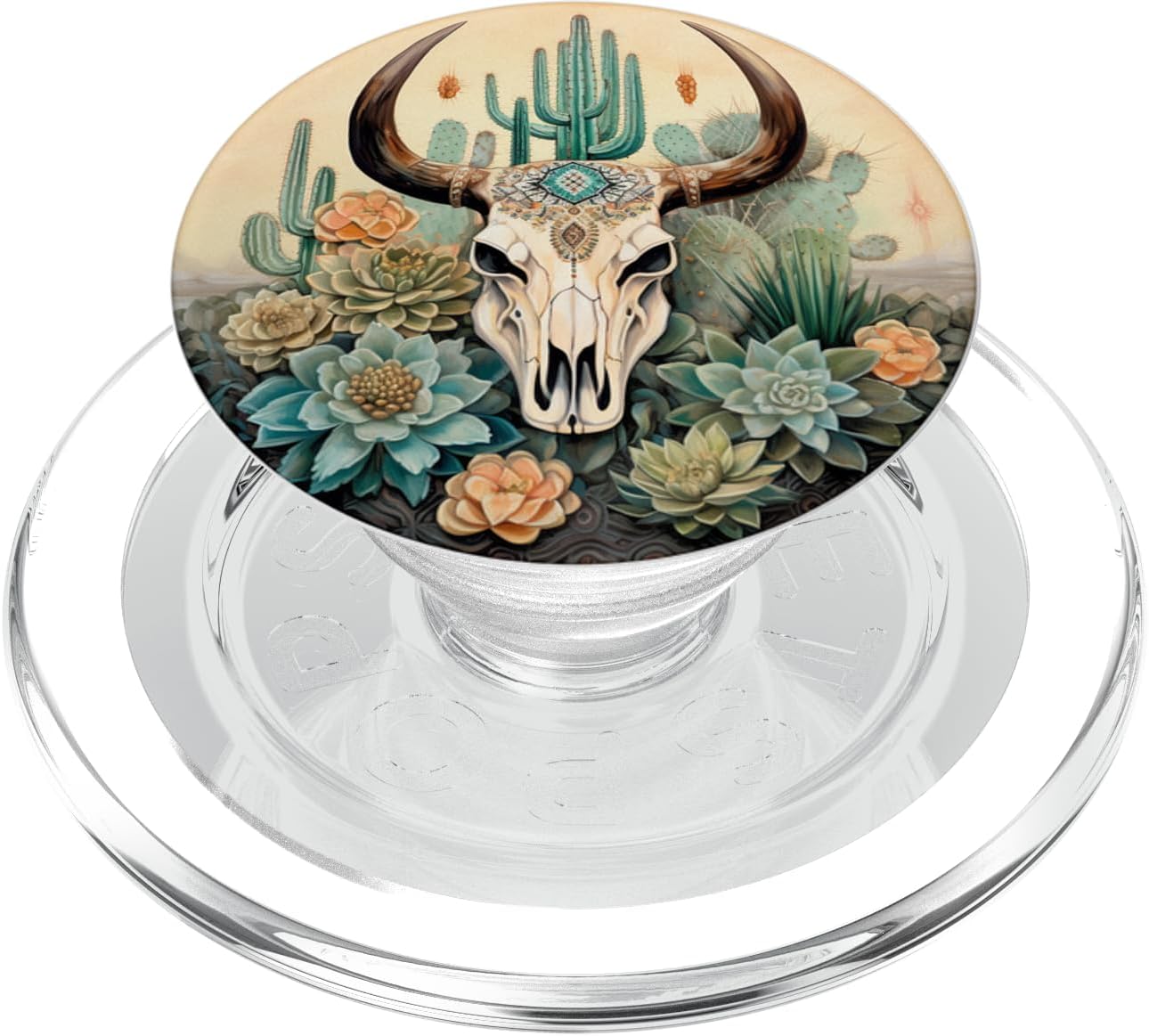 Western Boho Chic Longhorn Bull Skull Cactus Beige Pattern PopSockets MagSafe PopGrip for iPhone