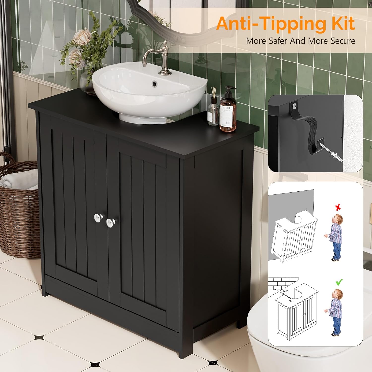 Bonnlo Pedestal Sink Storage Cabinet, 24" Black Under Sink Bathroom Storage Cabinet with 2 Doors and Adjustable Shelf, Traditional Bathroom Space Saver Organizer for Small Spaces, Water-Resistant