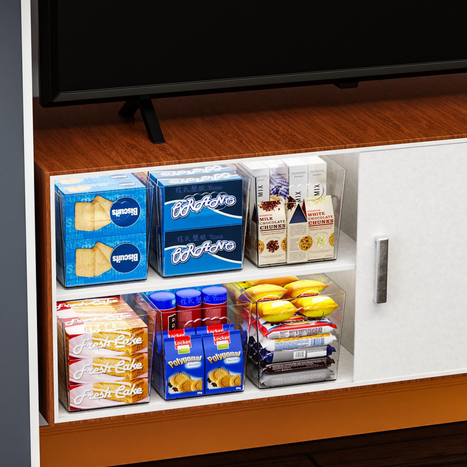 Paquete de 6 contenedores de plástico transparente para organizar, con asa, contenedores organizadores grandes de despensa de 11 pulgadas para estantes, aperitivos, alimentos o suministros de limpieza