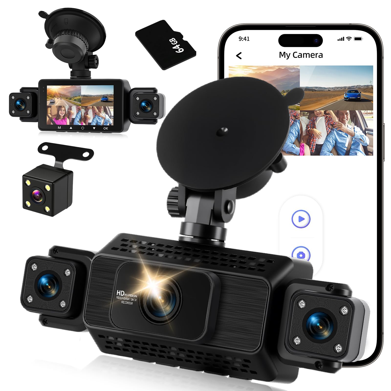 NHOPEEW 4 Channel Dash Cam, Front and Rear Inside Left Right, 3 inch IPS Screen Camera for Car Security 360, 5G WiFi & APP Control, 8 IR Night Vision, G-Sensor, Parking Mode, with 64GB TF Card-image-5