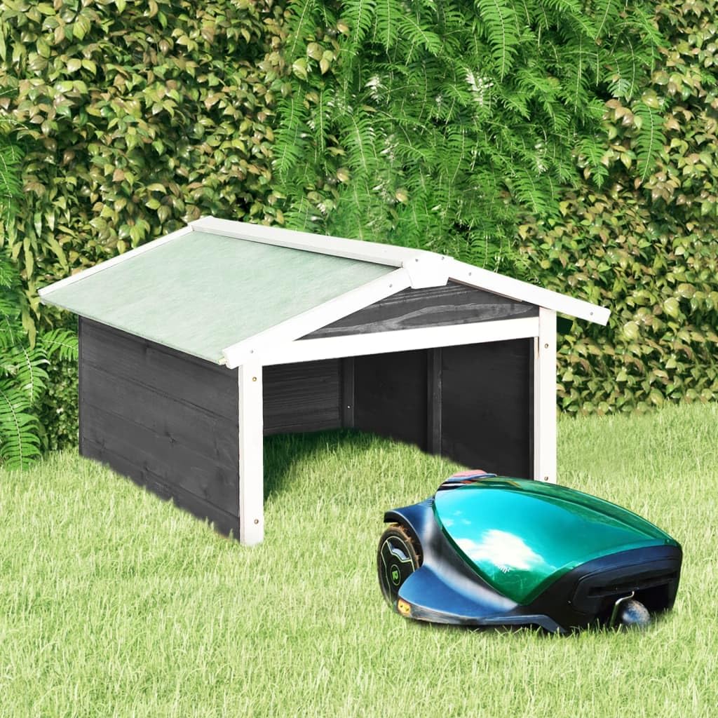 Robot cortacésped garaje de madera maciza de abeto 72 x 87 x 50 cm gris blanco funda impermeable para robot cortacésped y estación de carga en el jardín exterior