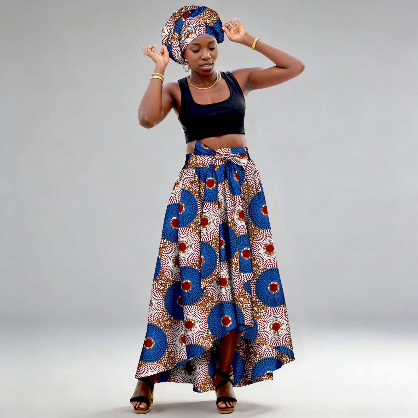Générique Jupe Imprimée Africaine pour Femmes, Extensible Décontractée, Courte avec Turban pour Fêtes et Sorties