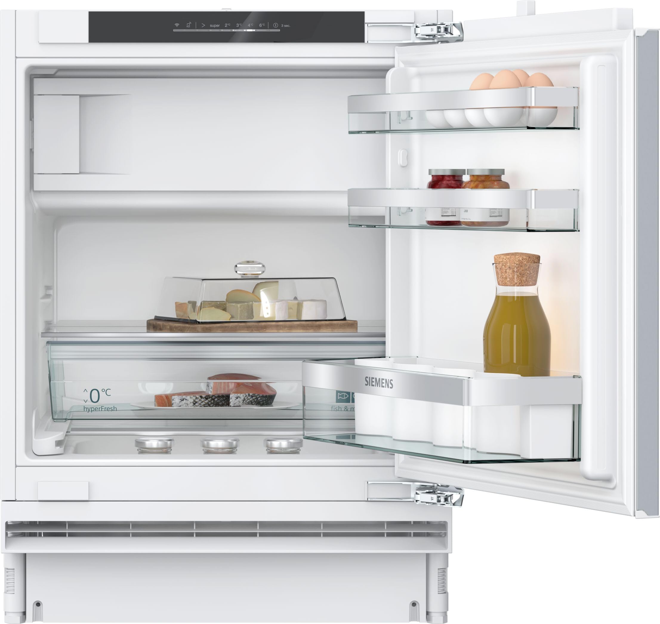 Siemens KU22LADD0, iQ500 Smarter Unterbau-Kühlschrank mit Gefrierfach, 82 x 60 cm Nische, 110 L, hyperFresh Schublade, Flaschenhalter, Sehr leise 35 dB, softClose Flachscharnier mit Softeinzug