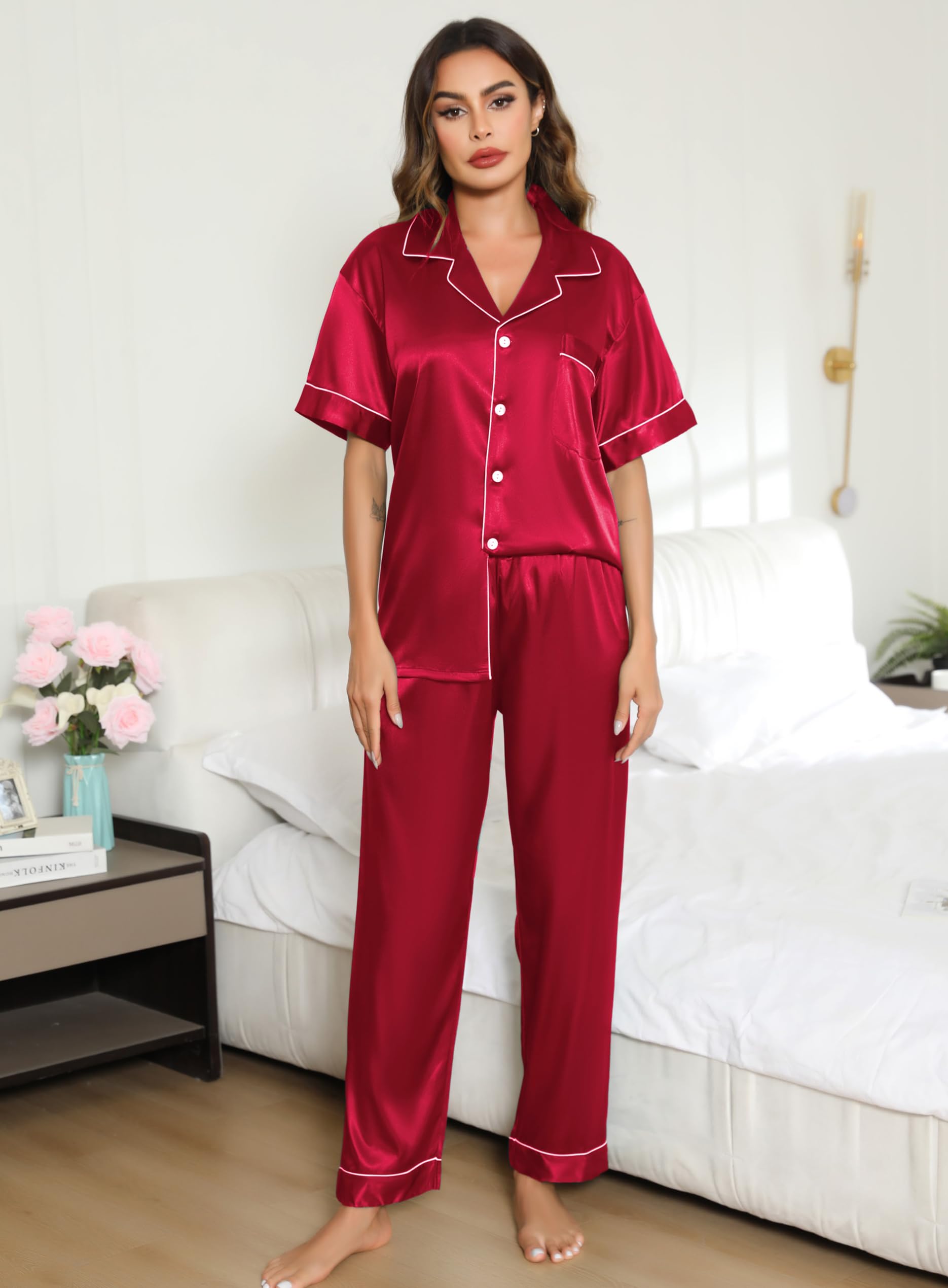 Lovasy Pyjama Satin Femme Short Ensemble Pyjamas Manches Courtes Chemises de Nuit Sexy Chic Ete 2 Pièces Vêtements de Nuit en Soie Boutonnée