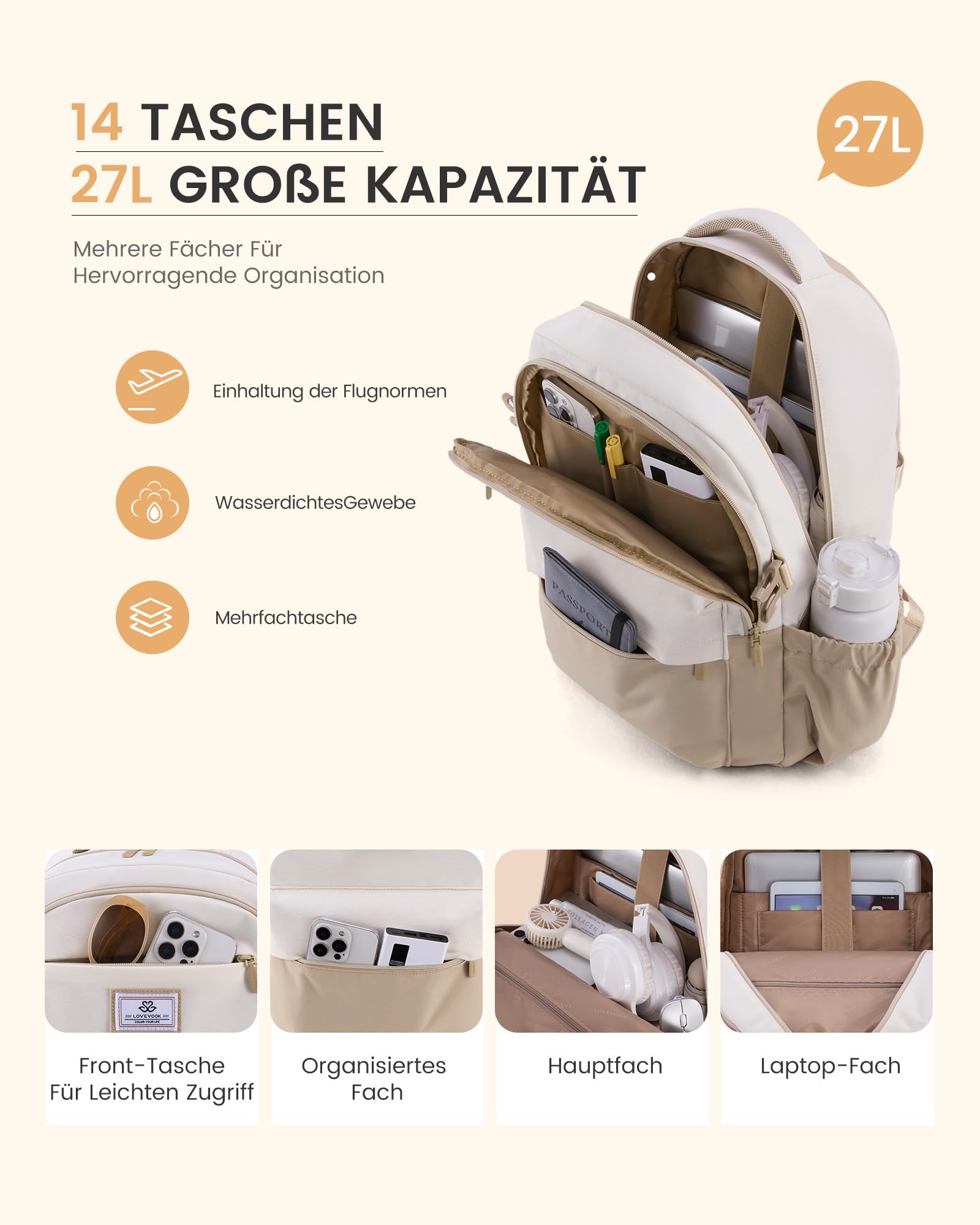 LOVEVOOK Zaino da donna per laptop da 15,6 pollici, zaino per la scuola, per ragazze, adolescenti, impermeabile, con molti scomparti, zaino da lavoro moderno, per scuola, viaggi, lavoro, cachi e beige