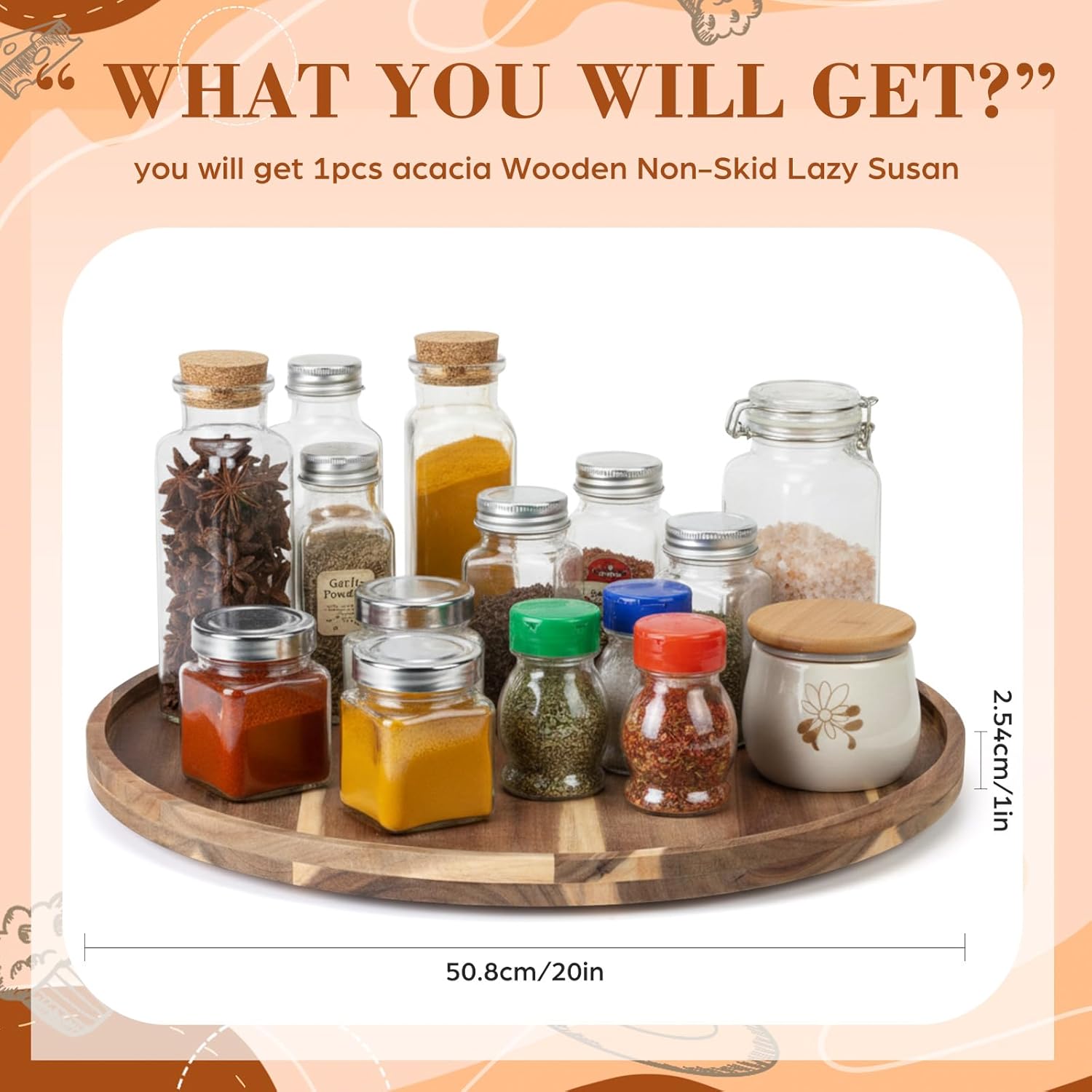 20'' Wood Lazy Susan for Countertop Acacia Large Turntable Rotating Serving Tray for Table Top Non Skid Kitchen Tray Revolving Condiment Spice Rack Table Organization Storage, Natural