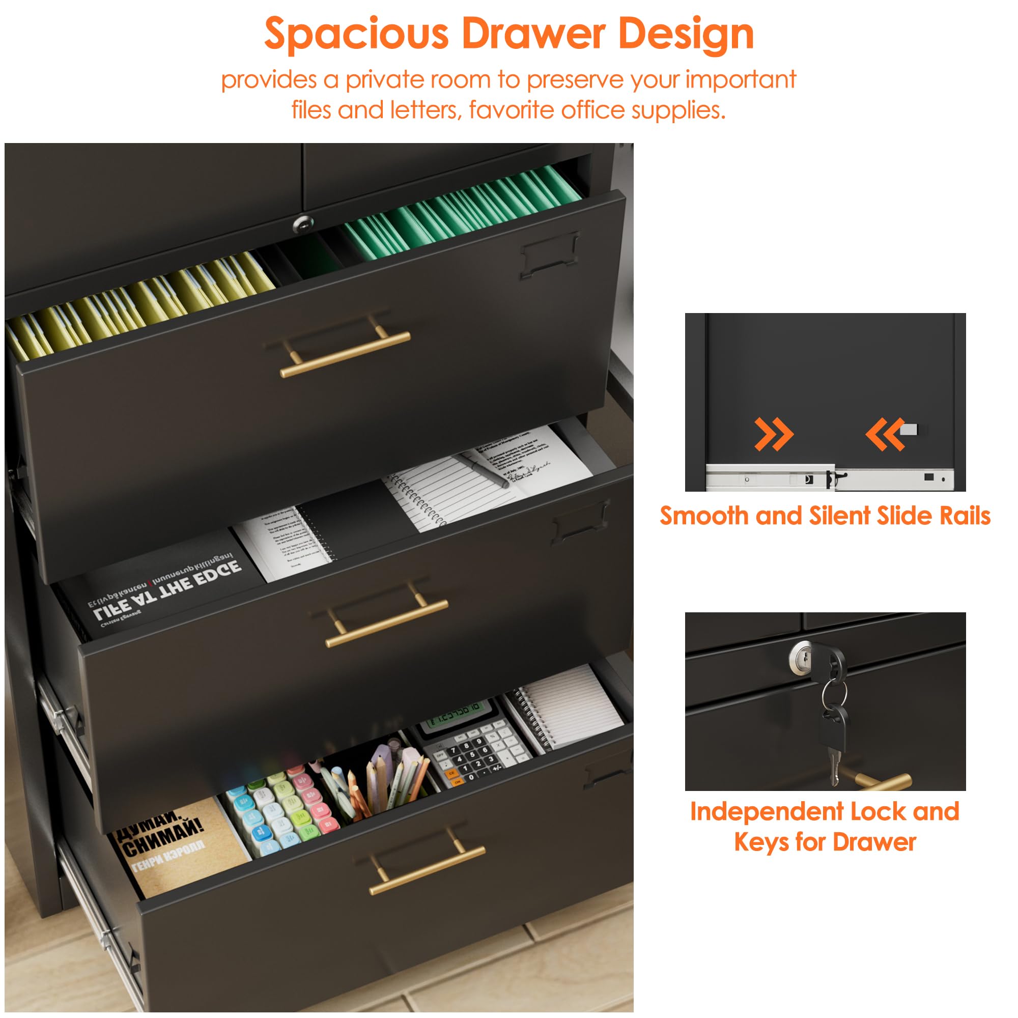 Aobabo Metal Storage Filing Cabinet mit 3 Schubladen, Metall -Büro -Aktenschrank mit abschließbaren Türen und Schubladen für Home Office, Hangdateien Brief/Rechtsgröße, Schwarz, Schwarz