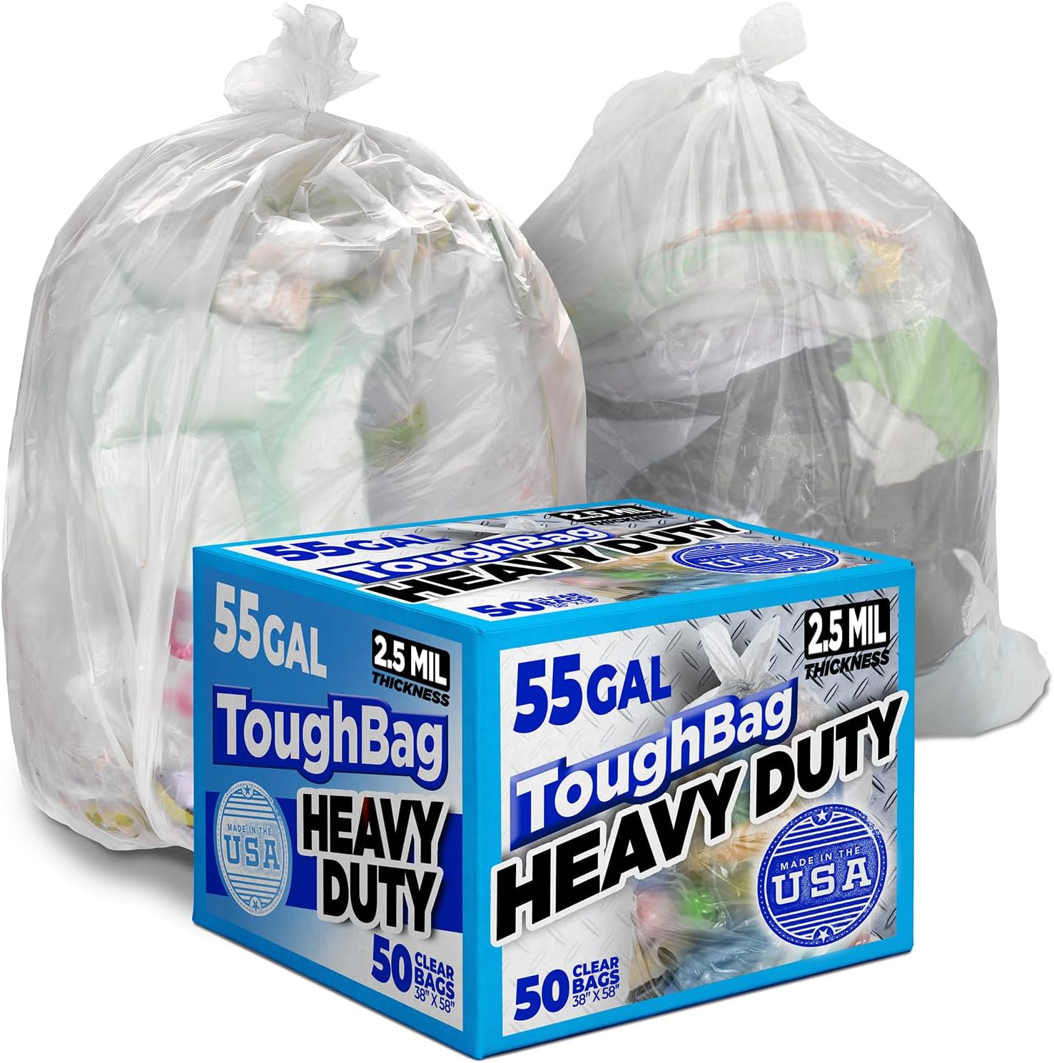 ToughBag 55-60 Gallon Contractor Trash Bags, 2.5 Mil Heavy Duty Clear (50 Count) – Made in USA