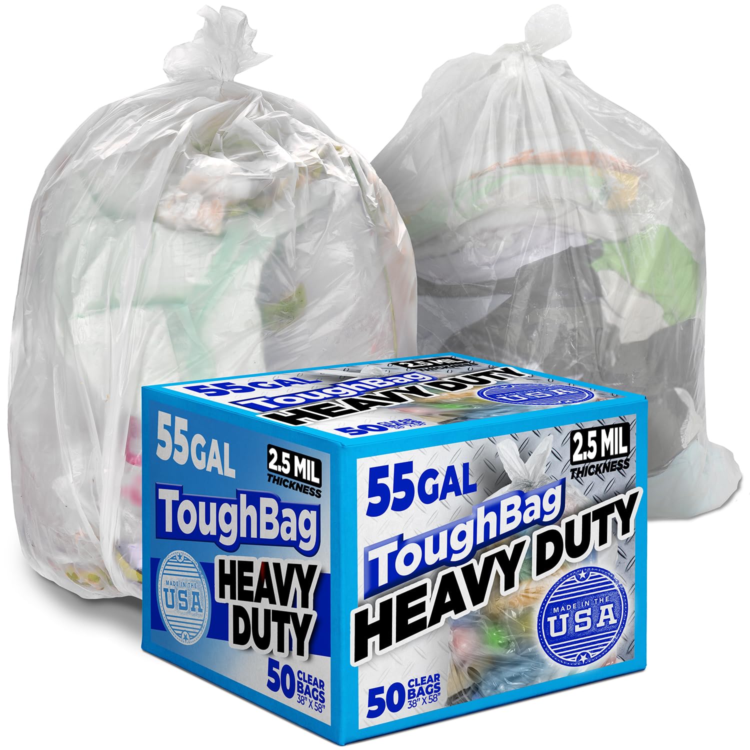 ToughBag 55-60 Gallon Contractor Trash Bags, 2.5 Mil Heavy Duty Clear (50 Count) – Made in USA