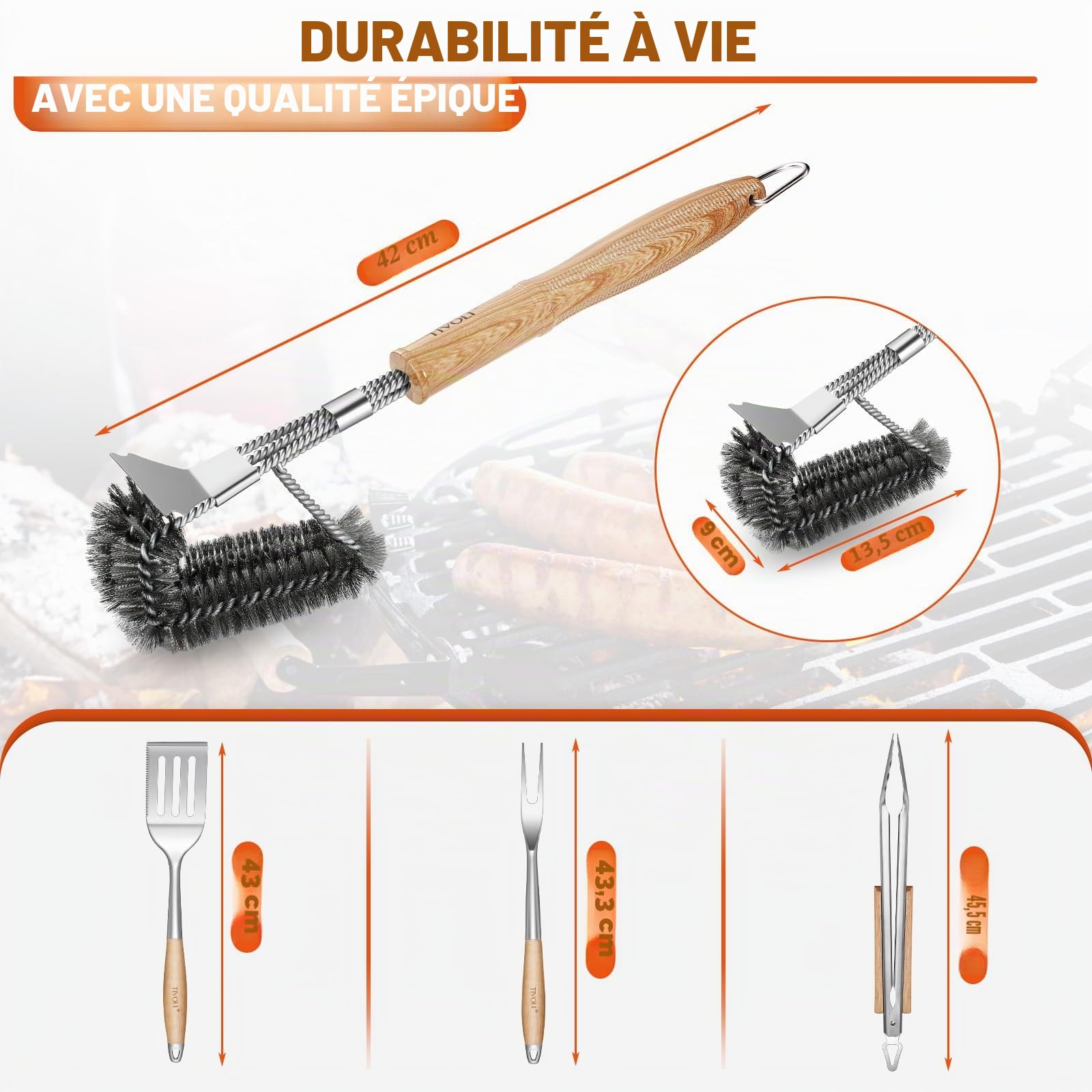 TIVOLI Lot de 4 ustensiles de barbecue en acier inoxydable avec poignées en bois