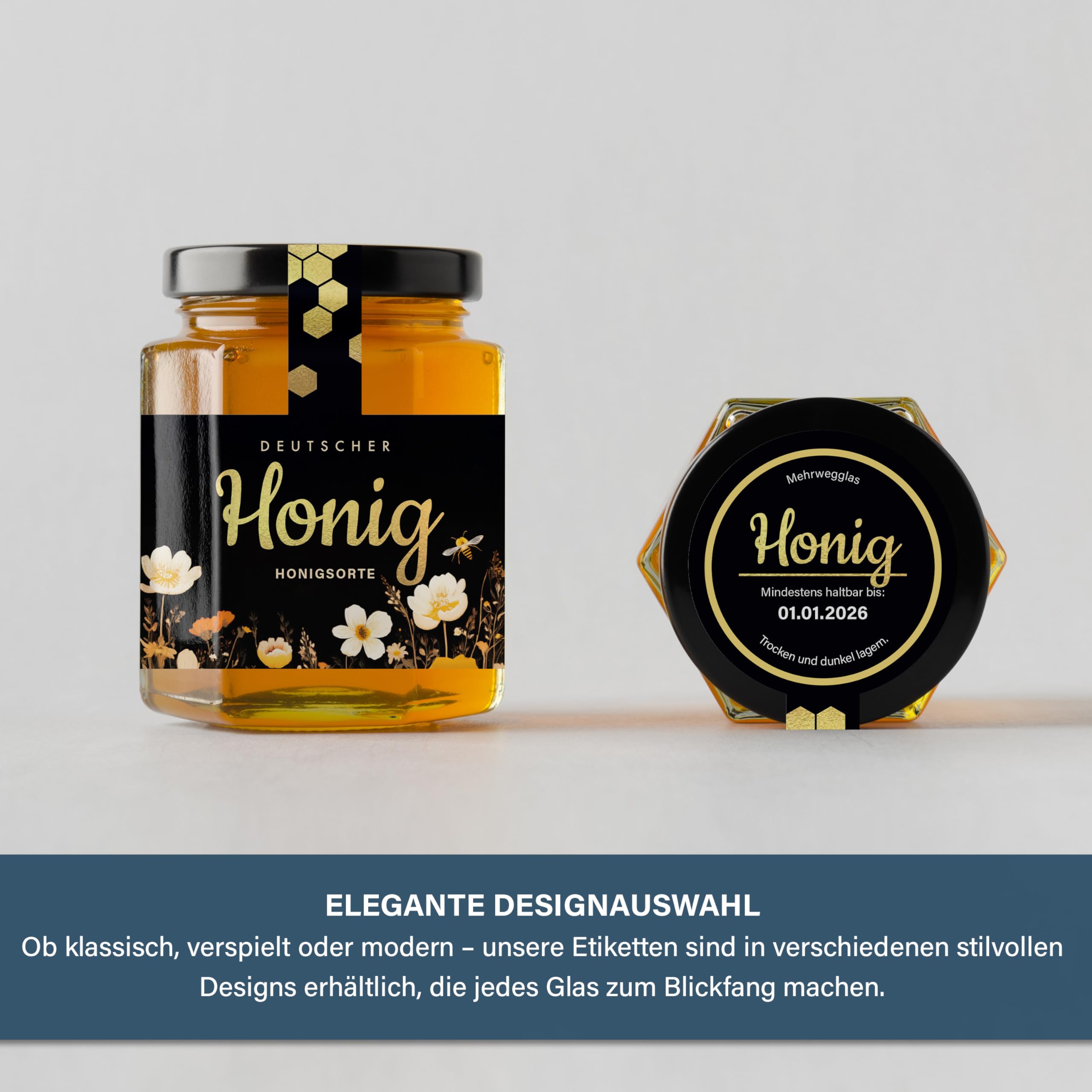 Honigetiketten 500 g personalisierbar mit Gewährverschluss – Aufkleber für Honiggläser selbst gestalten – selbstklebend, ablösbar – ab 25 Stück – (HONIG - 500 g - GEW3)