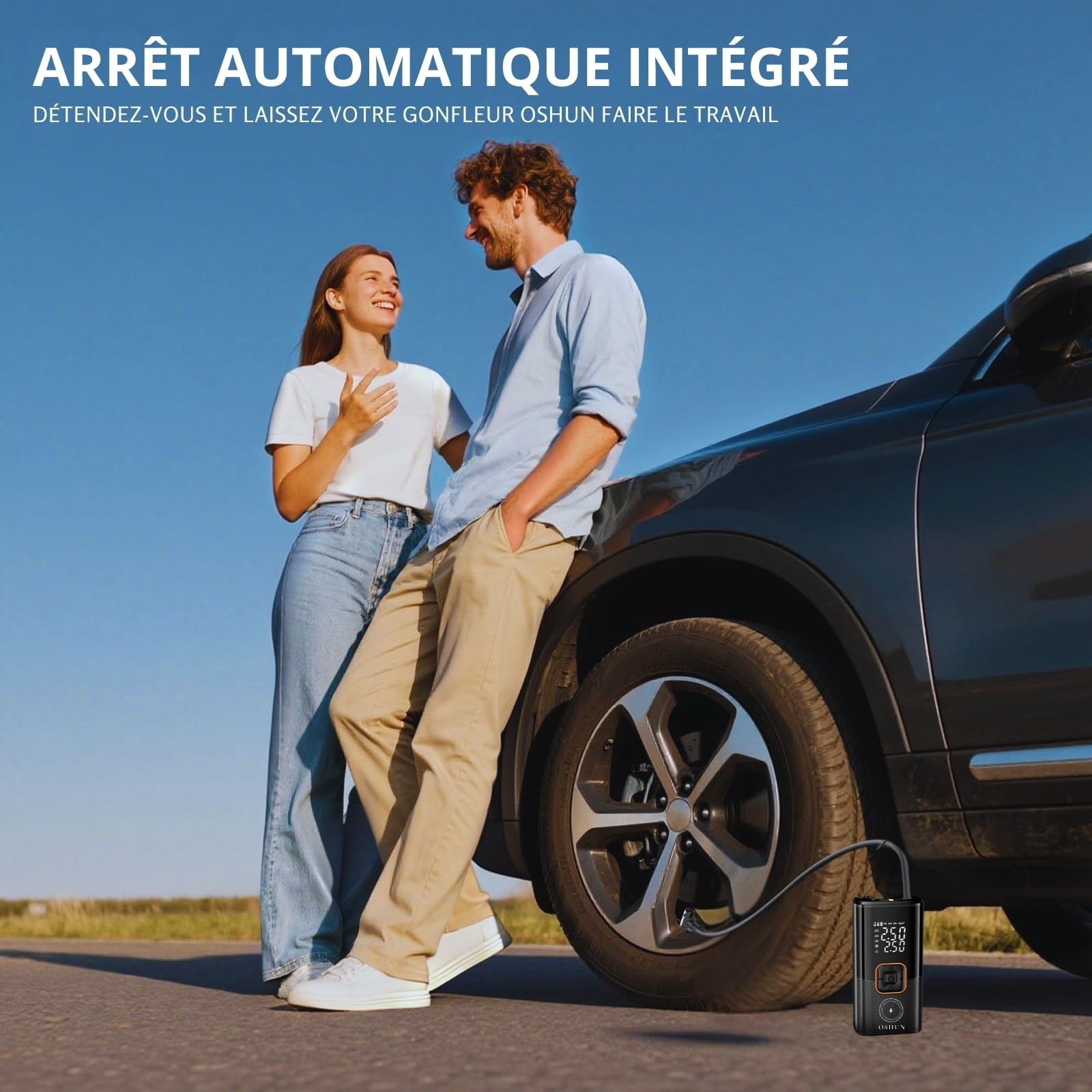 OSHUN Gonfleur Pneus Voiture sans Fil Mini Compresseur à Air Portatif 150 PSI (10,3 Bar) Inflation Rapide Gonfleur Electrique Puissance 100W Cylindre 19 mm Affiche 2 Valeur avec 3M Allume-Cigare 12V