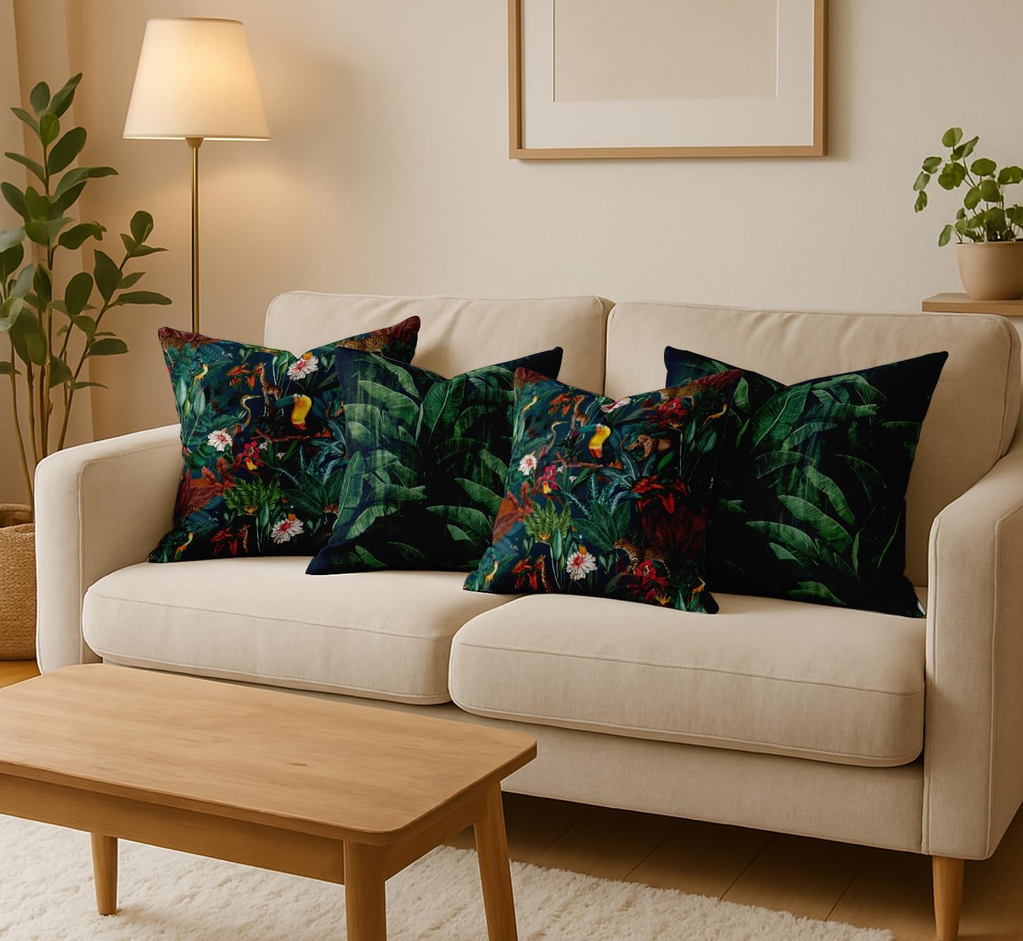 Set of 4 16x16 Inch Pillow Covers - 100% Cotton, Decorative Tropical Print, Double-Sided Print with Concealed Zipper - Filler Not Included - Black