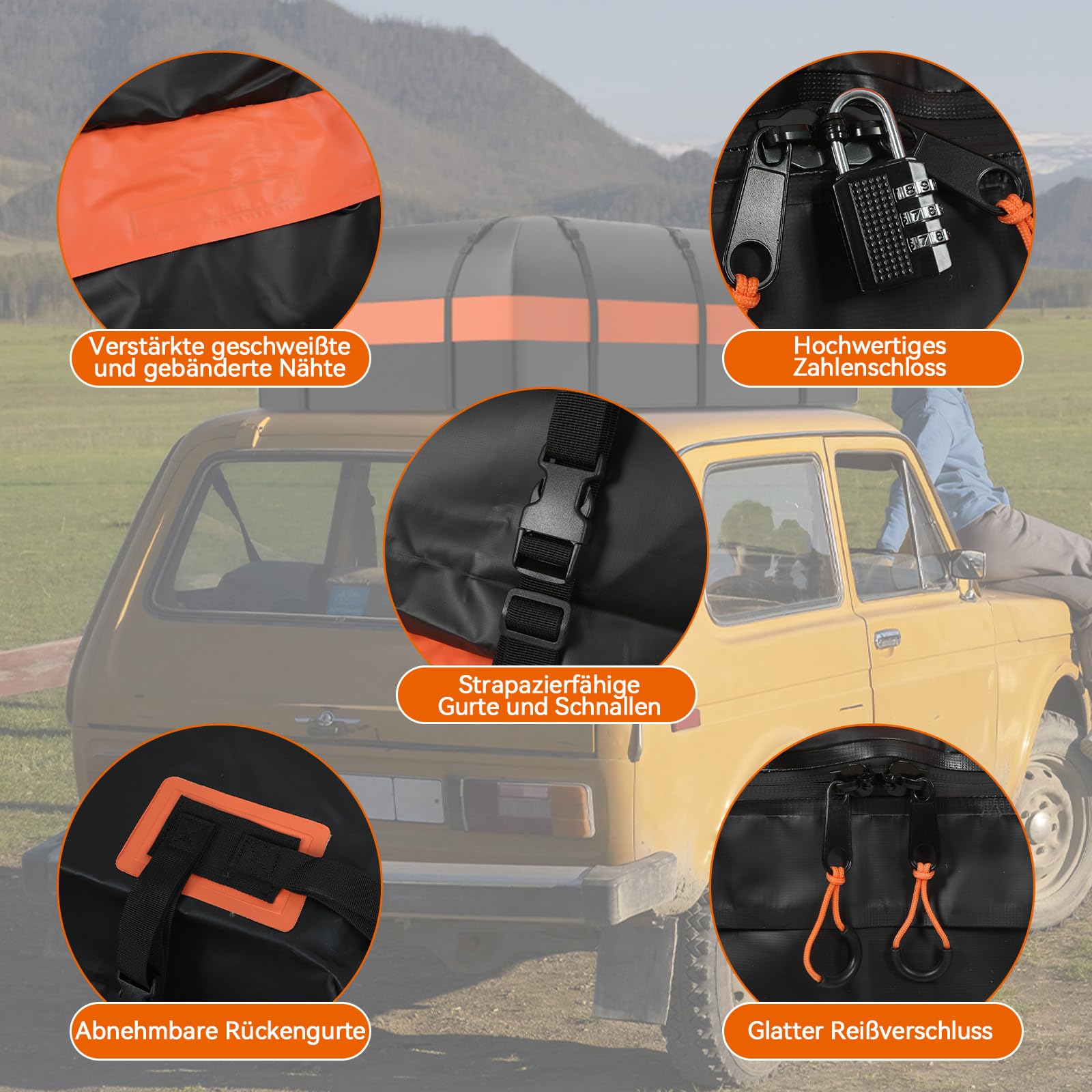 ZealWe Dachbox Auto 21 kubikfuß, Faltbare Dachtasche Dachkoffer Dachboxen Aufbewahrungsbox, Wasserdicht Dachgepäckträger Gepäckbox für Fahrzeuge mit/ohne Gepäckträger Gepäcktransport Vans, SUVs,Orange