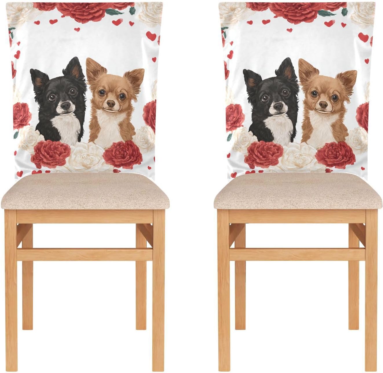 ALAZA Cute Dogs Hearts Roses Chair Back Cover Set of 6, Washable Reusable Removable Chair Slipcovers Decorative Chair Cover for Home Kitchen Wedding Party