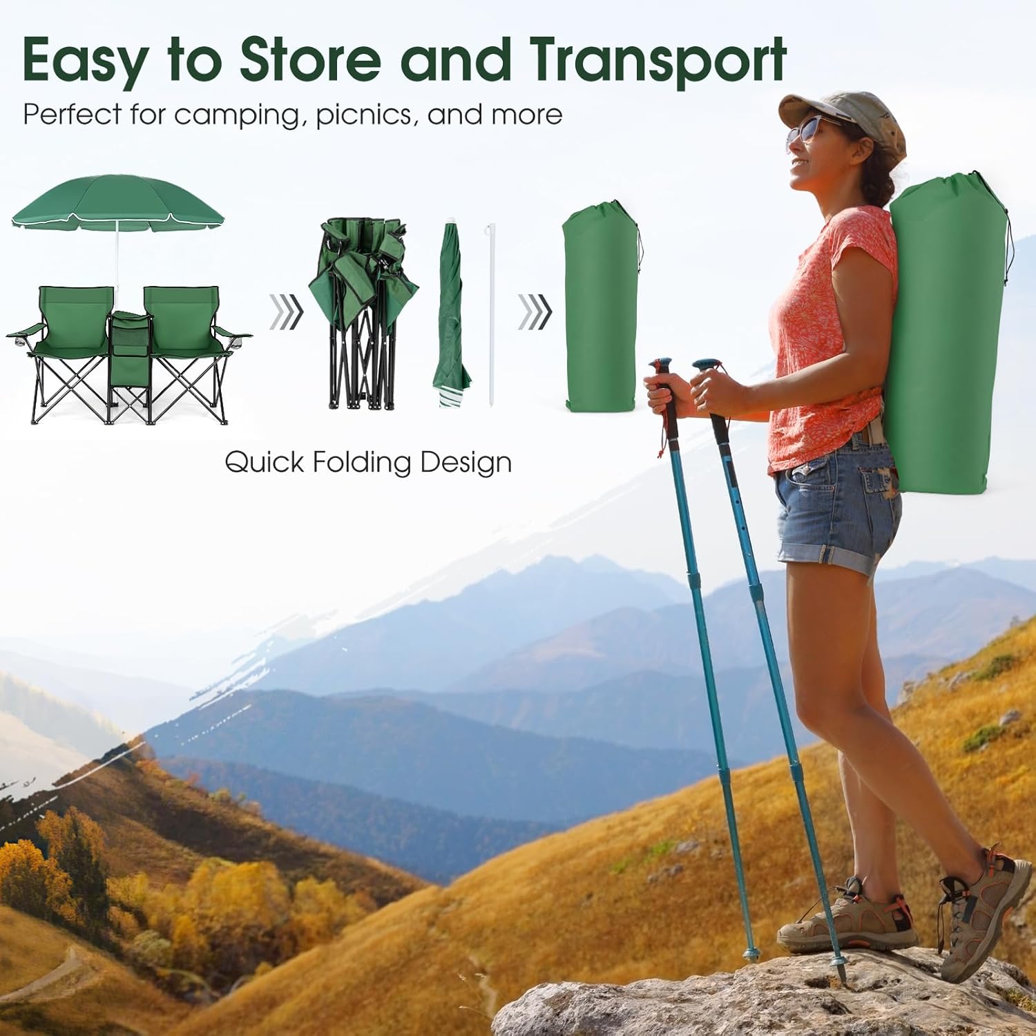 Giantex Double Camping Chair with Umbrella - Folding Picnic Loveseat with Carrying Bag, Cooler Bag, Table, Side Pocket & Cupholder, Portable Beach Chair for Camping, Picnic, Fishing, Beach