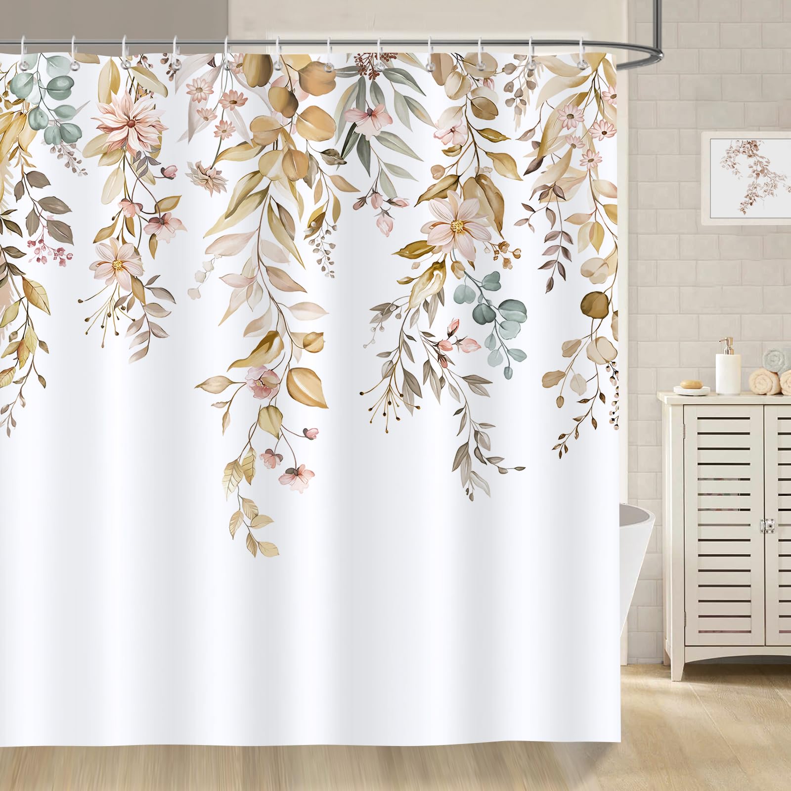 Bonhause Cortina de Ducha Hojas de Eucalipto Marrón Otoño Flores Planta de Acuarela Cortina de Baño de Poliéster Impermeable Antimoho Lavable Cortina Ducha 180 x 180 cm con 12 Ganchos