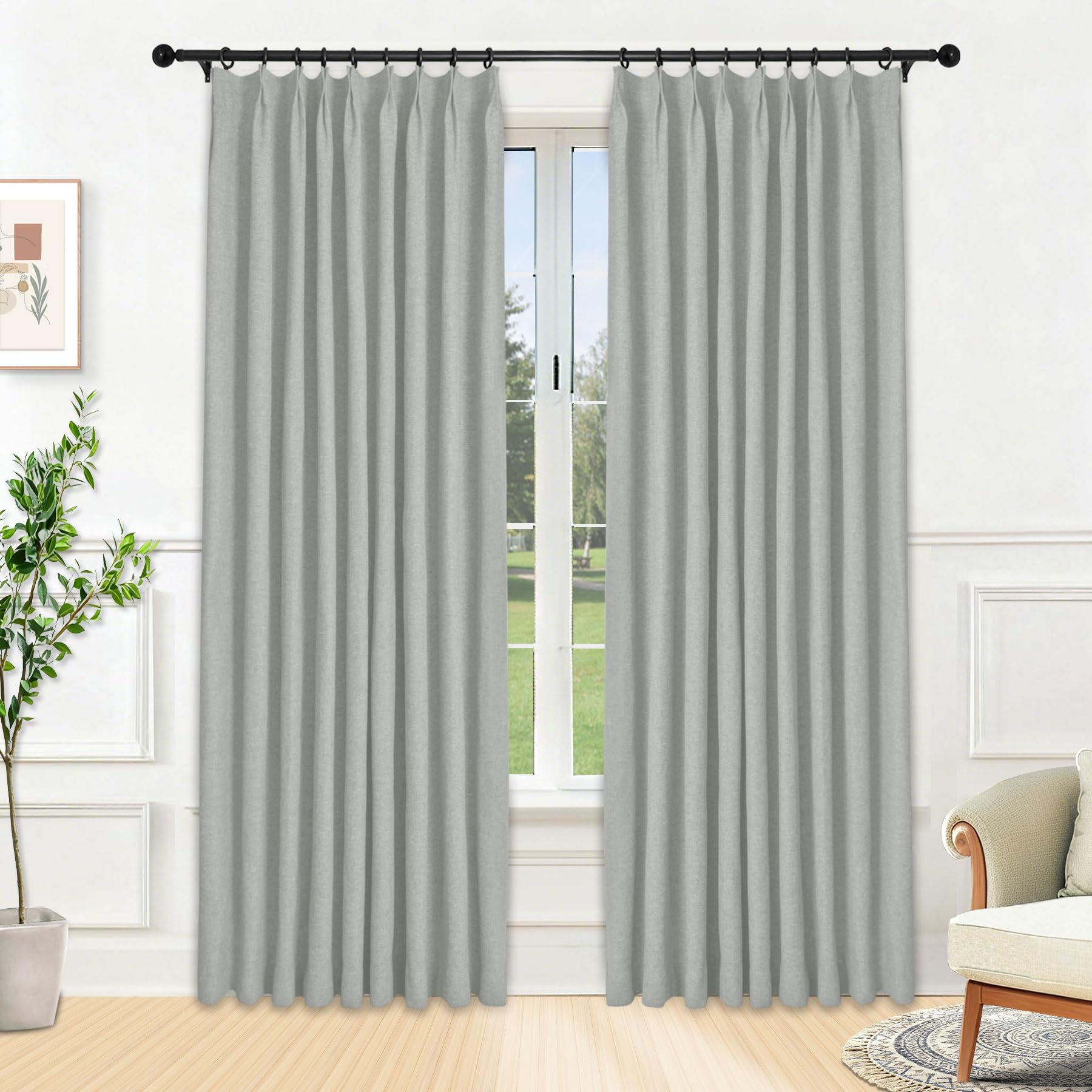 Cortinas plisadas opacas de lino gris en 96 pulgadas para un dormitorio relajante