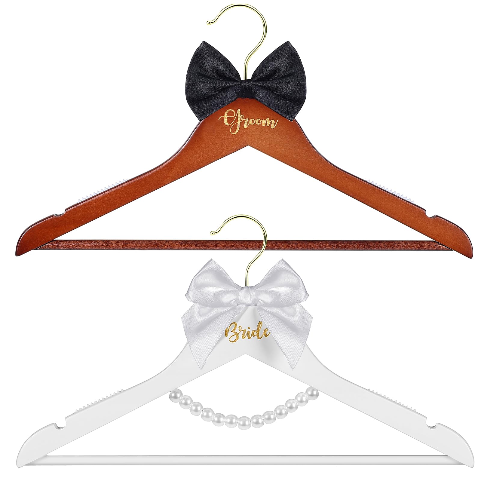 2 Pack Bride and Groom Wedding Hanger Set, Bridal Wedding Dress Hanger with Bow Tie & Pearls for Wedding Gift Bridal Party & Shower