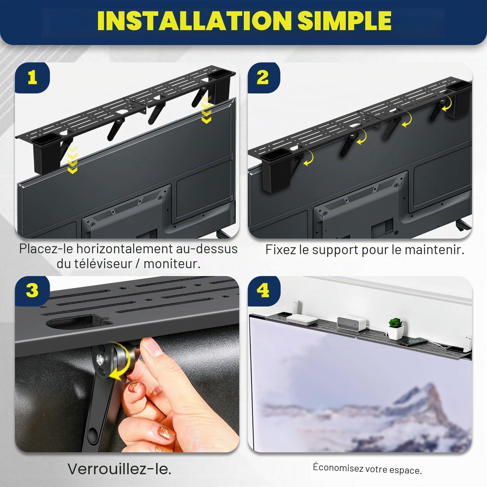 Étagère Supérieure de Télévision Pliable pour Moniteur, Rack de Stockage pour Câbles, Consoles de Jeux, Noir