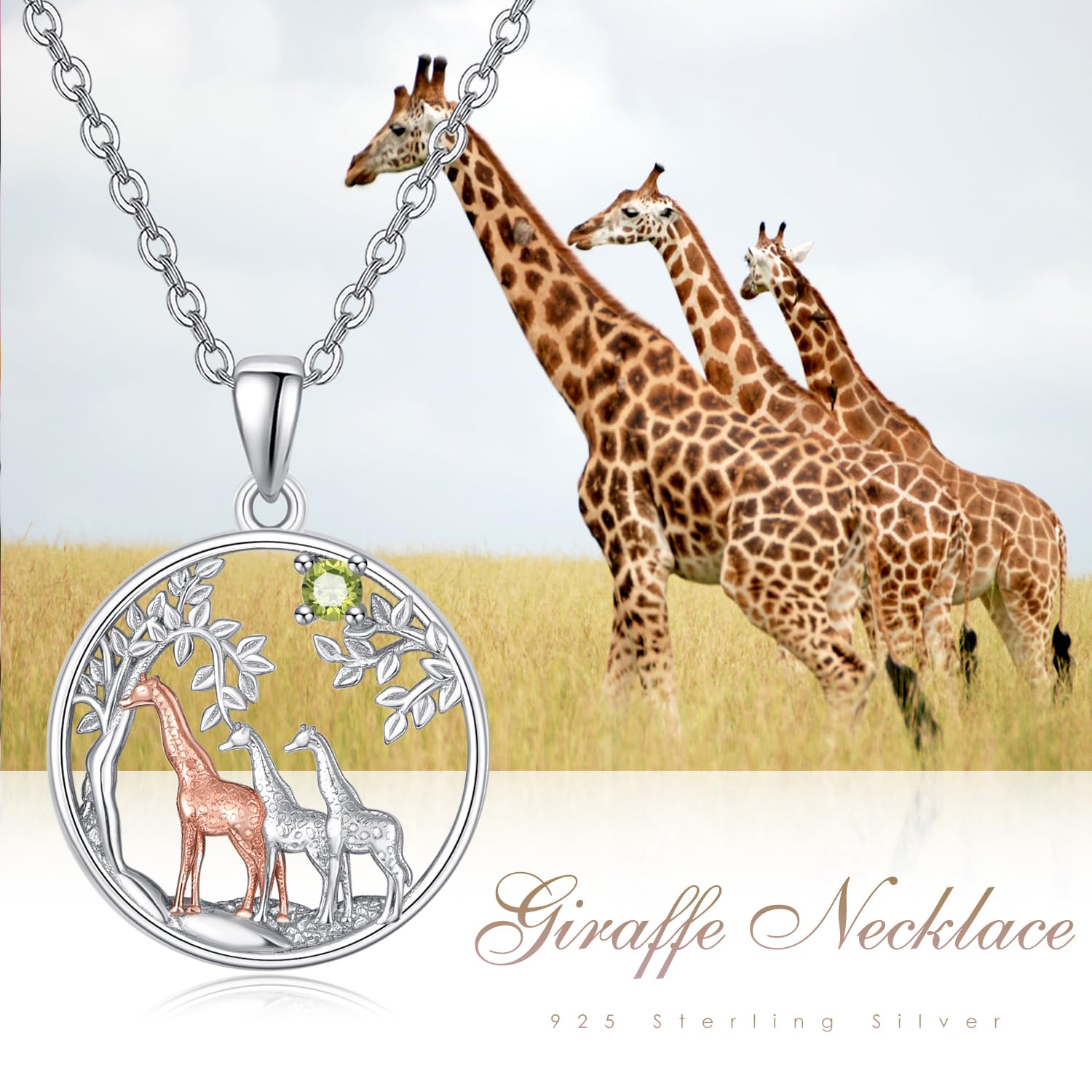 KINGWHYTE Girafe Gifts Collier girafe en argent sterling 925 mignon animal trois girafe or rose arbre généalogique girafe cadeaux pour femmes (août), Zircone cubique