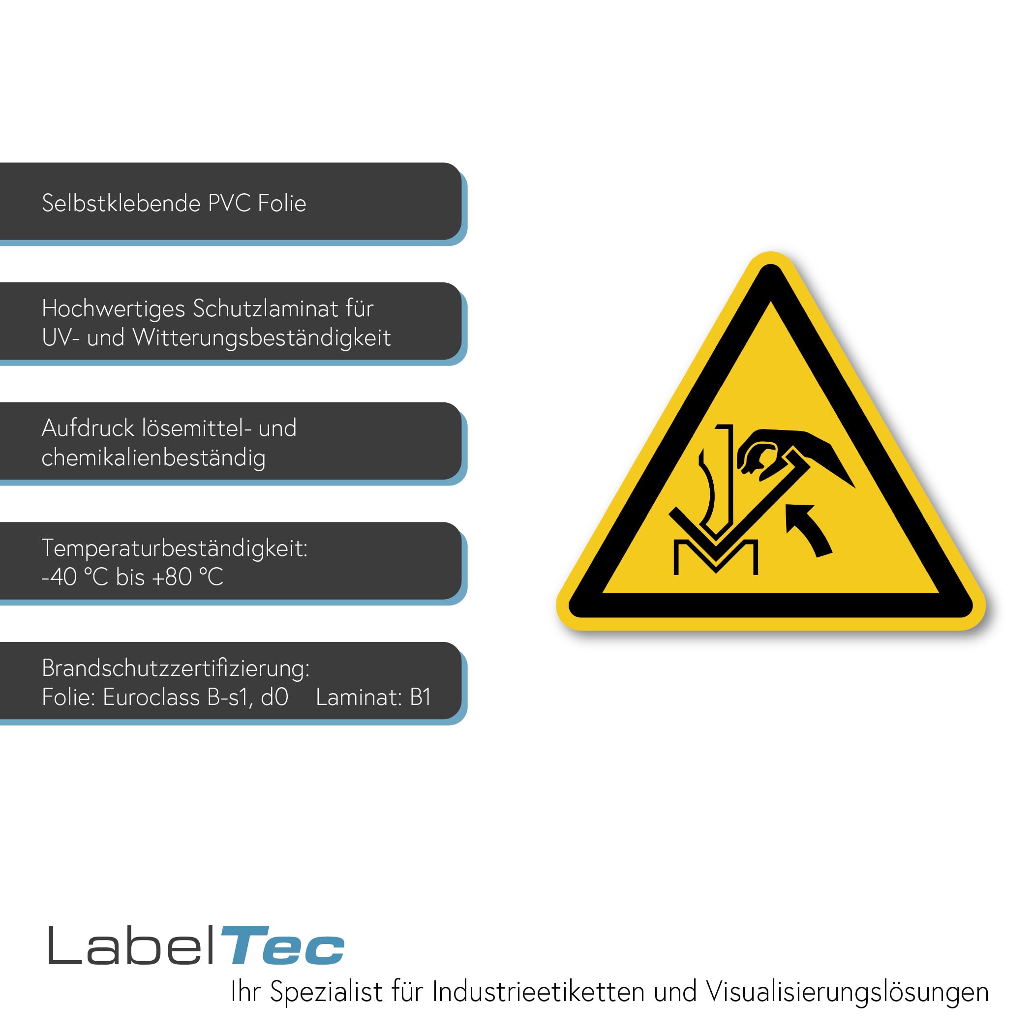 Señal de advertencia peligro de aplastamiento manual entre prensa, pieza de trabajo según DIN EN ISO 7010 ASR A1.3 W030 – Adhesivo de seguridad para industria, taller, producción LTI033 (100