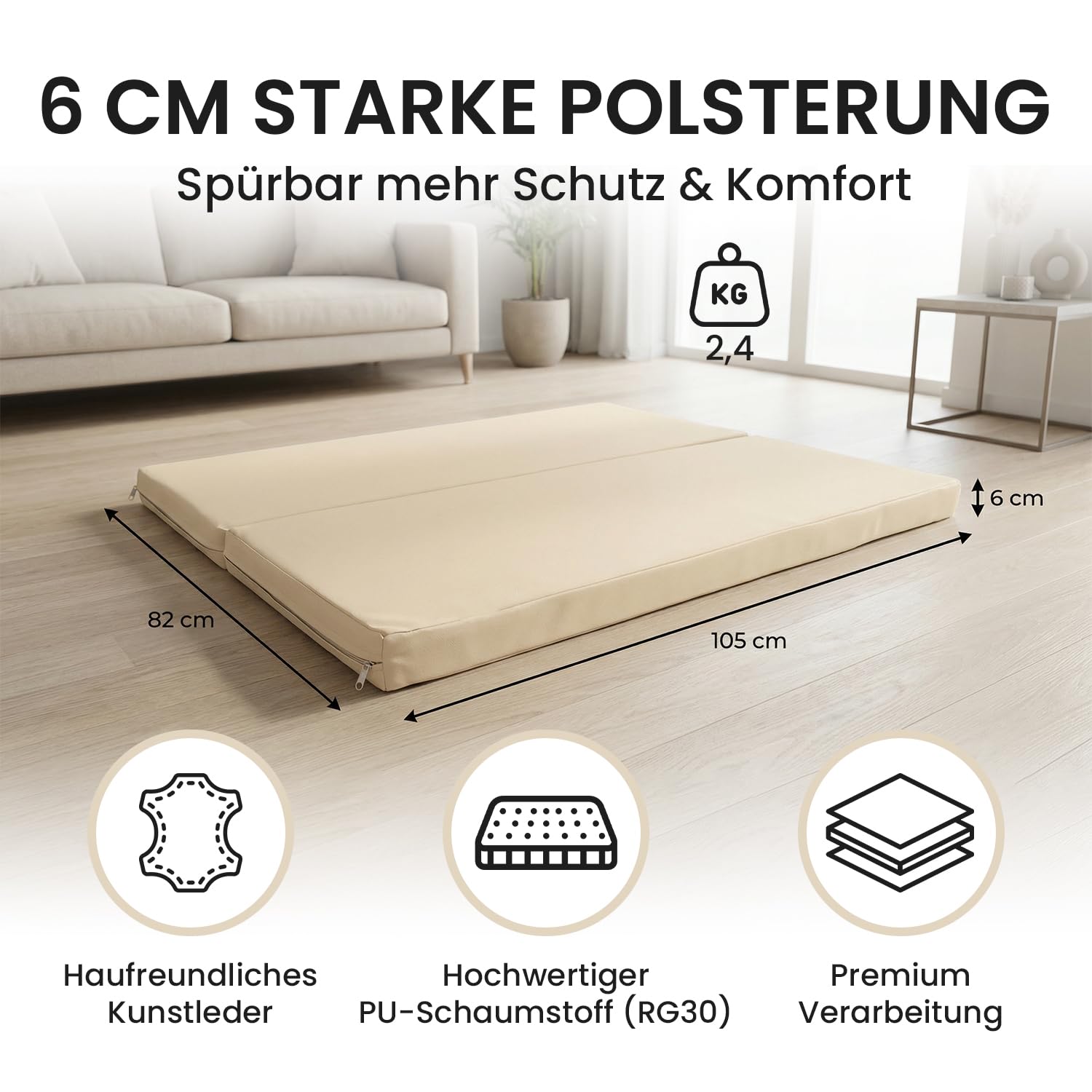 Jeflex® Klappbare Weichbodenmatte 105x82x6cm Grau – platzsparend faltbar, Kunstleder – Turnmatte & Unterlage für Klettergerüste, Sprossenwand, Sport & Spiel – Made in Germany