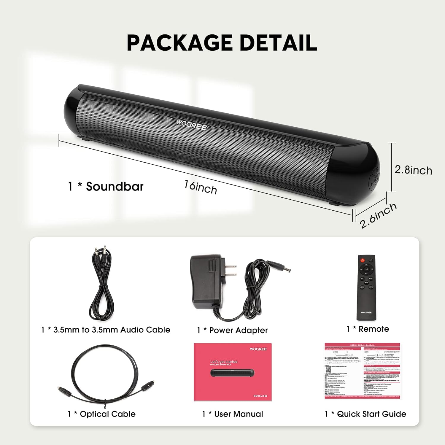 Image showing all items included in the Wogree Soundbar package: the soundbar itself, a 3.5mm audio cable, a power adapter, a remote control, an optical cable, a user manual, and a quick start guide.