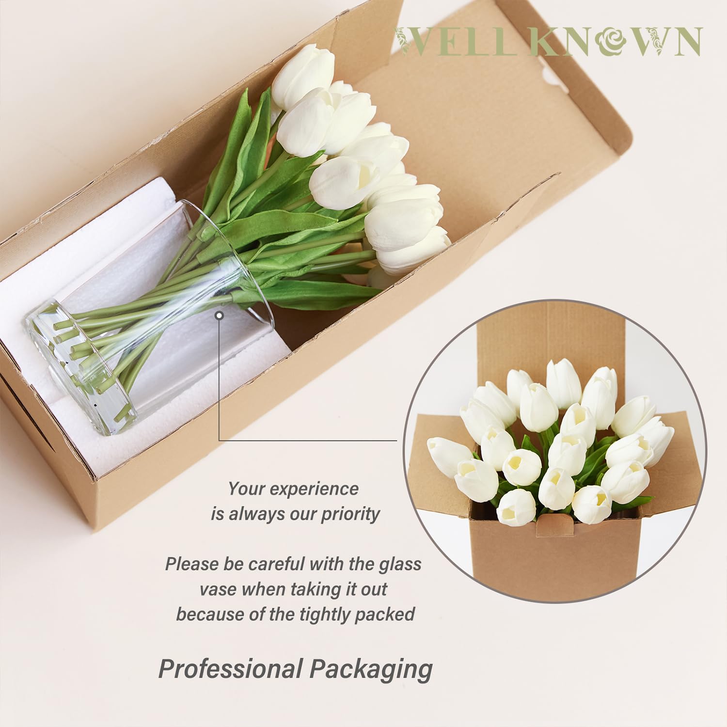 WELL KNOWN 20 Stück weiße Tulpen künstliche Blumen in Vase mit künstlichem Wasser, künstliche Tulpen fühlen sich echt an, Blumenarrangements, künstliche Tafelaufsatz für Esszimmertisch
