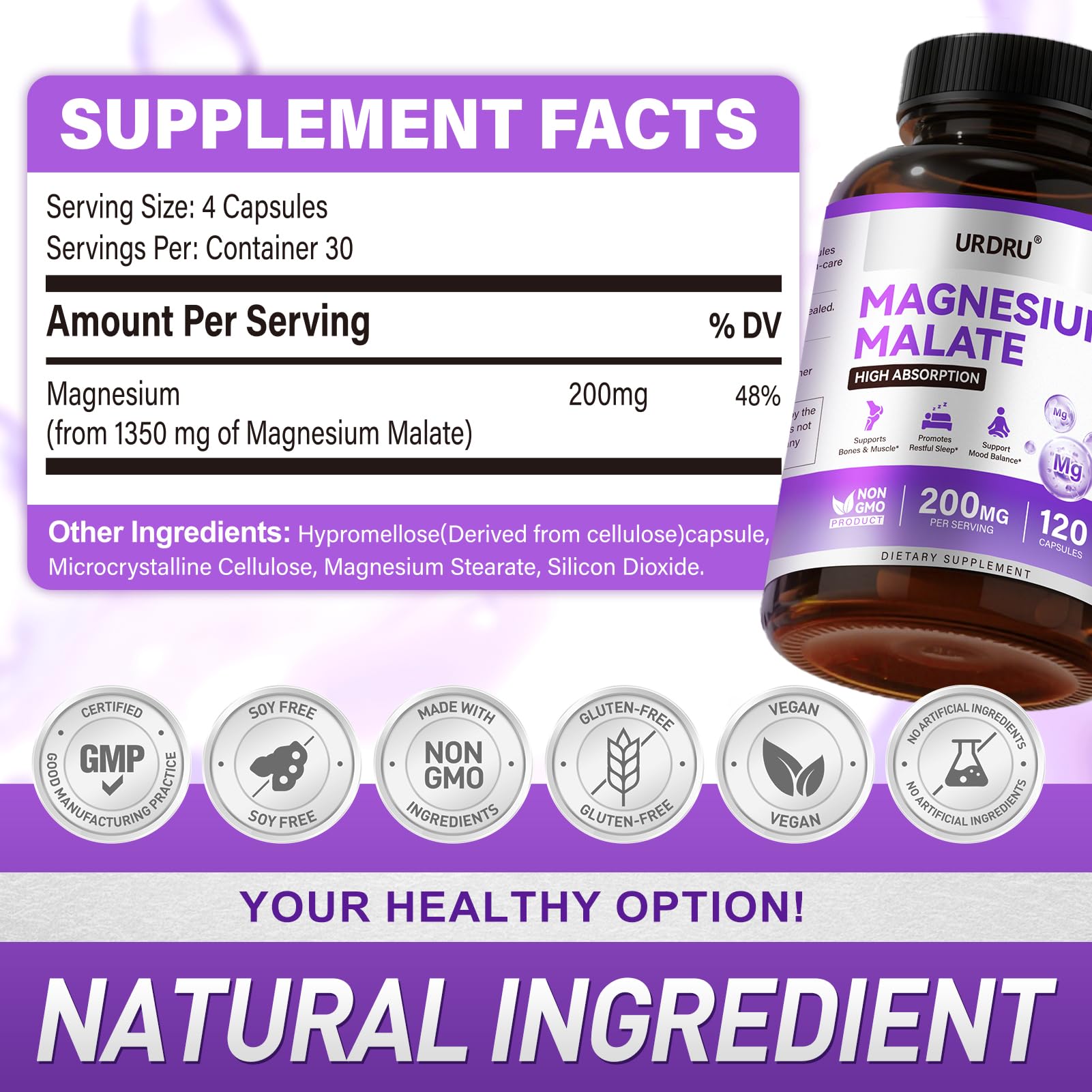1350mg Magnesium Malate – Magnesium Supplements with High Absorption, 200mg Elemental mag for Men & Women Support Muscle, Joint & Heart Health, Non-Buffered, Vegan, Non-GMO, Gluten-Free 120 Capsules — Amazon image 4
