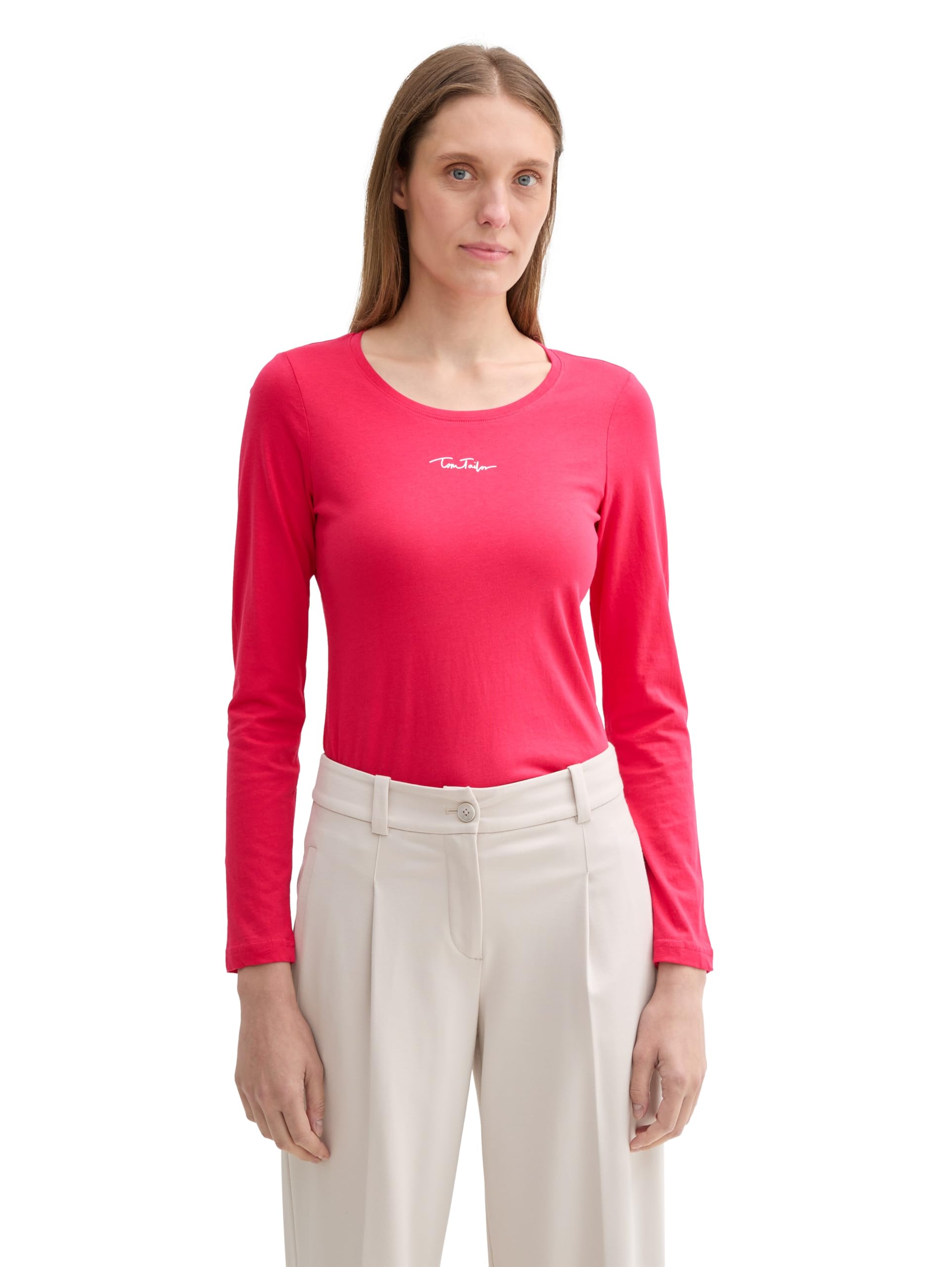 Tom Tailor Damen 1044405 Longsleeve aus Baumwolle mit Logo-Print