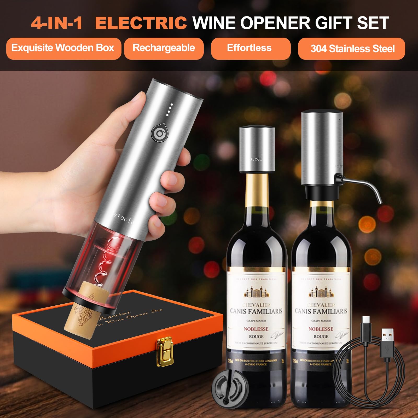 Tire Bouchon Electrique, 4 en 1 Coffret Cadeau avec Ouvre Bouteille Rechargeable, Aérateur de Vin Verseur Automatique, Coupe-Capsule et Bouchon à Vin sous Vide pour Idee Cadeau Homme