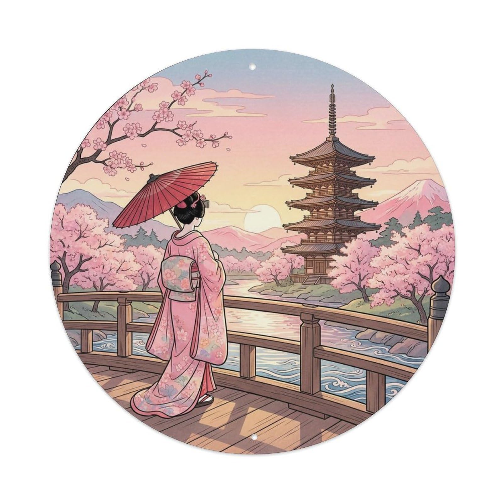 Yrnq 8X8inch Vintage Style Japanese Geisha Dawn Pagoda Viewing Tranquil Landscape Metal Tin Sign