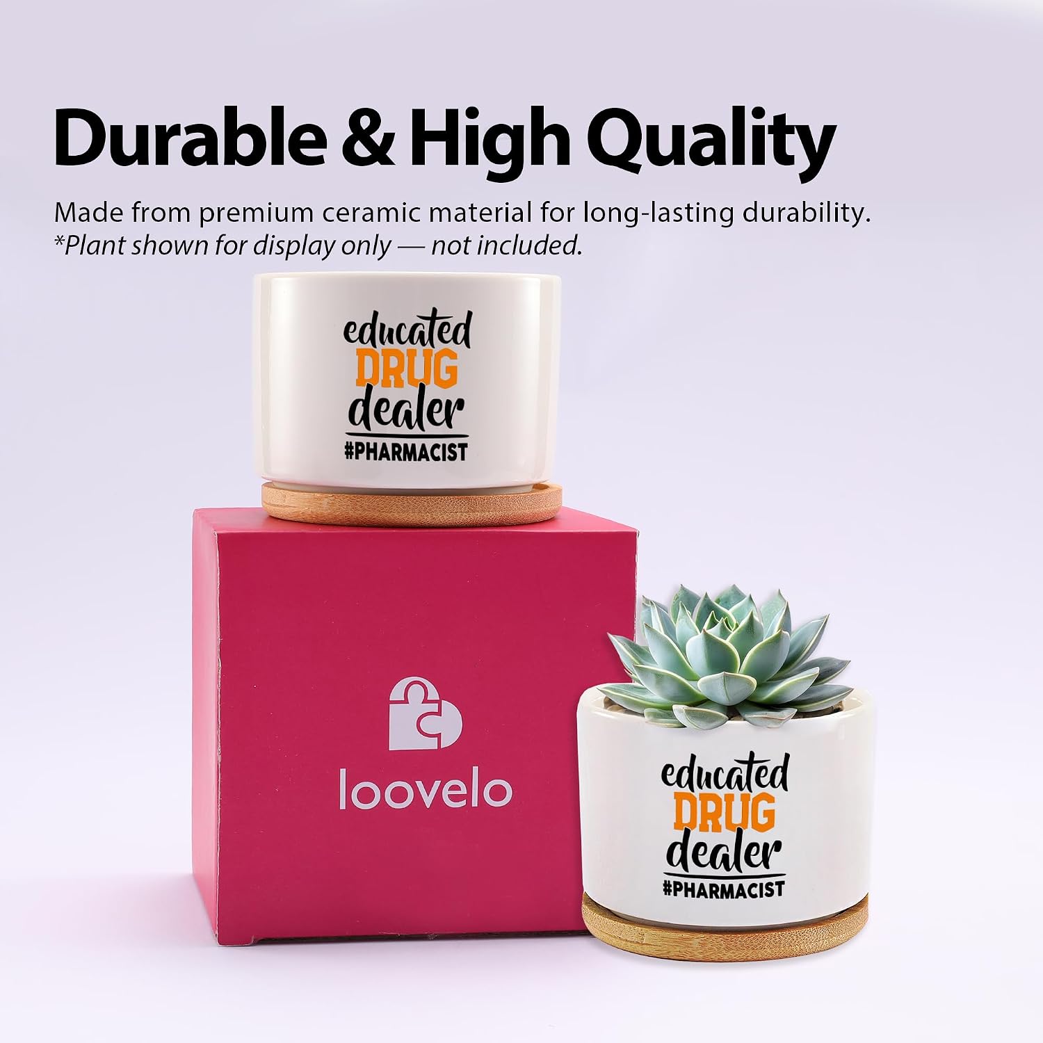 Educated Drug Dealer Pharmacist Gifts Ceramic Succulent Plant Pot with Bamboo Tray Round Pharmacy Tech Nursing Student Home Office Decor Plant Lover 3.5 Inch White (No Plants) image 4